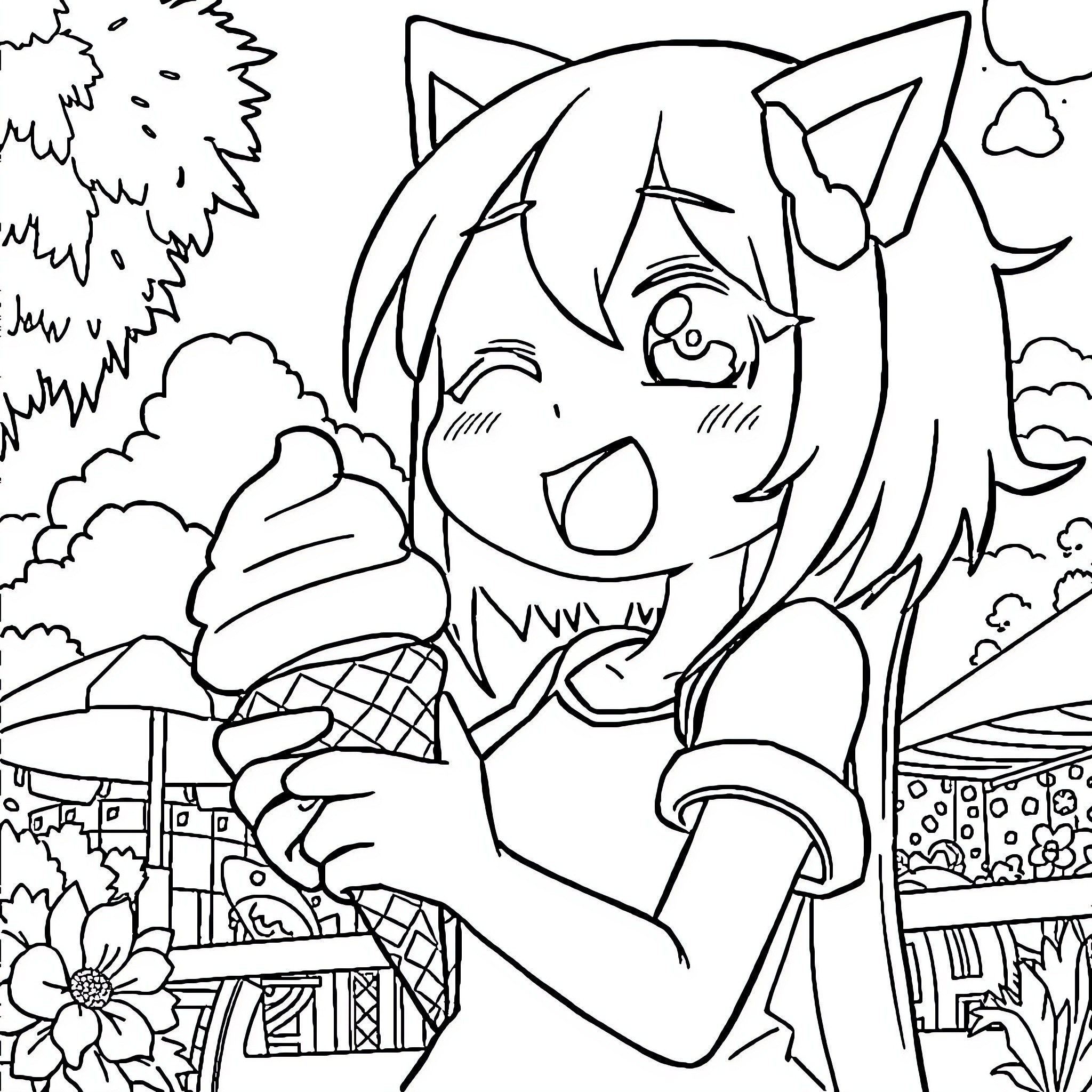 Kuromi enjoying an ice cream in the town Coloring Page (free black-and-white line drawing printable PDF for all, from beginners to advanced learners, including children, teens, adults, and seniors)