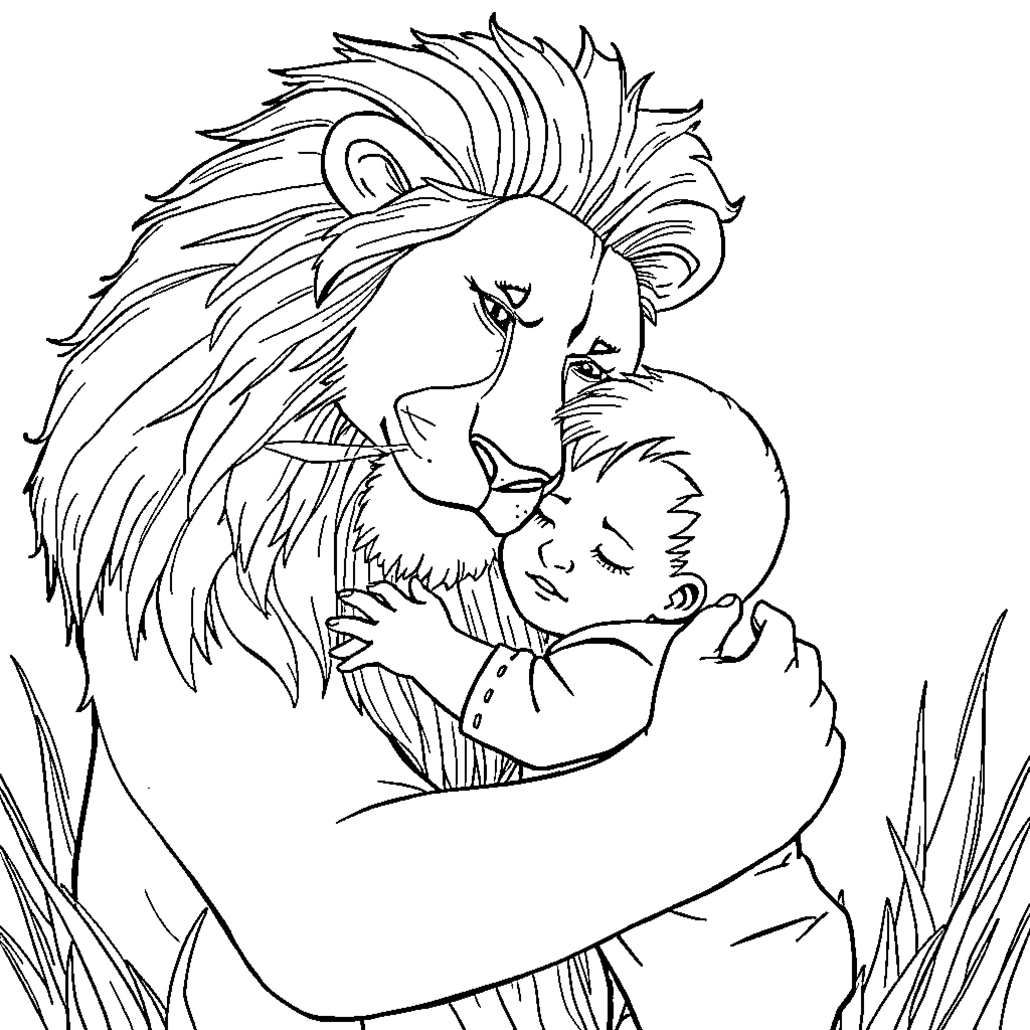 Lion displaying affection towards a child Coloring Page (free black-and-white line drawing printable PDF for all, from beginners to advanced learners, including children, teens, adults, and seniors)