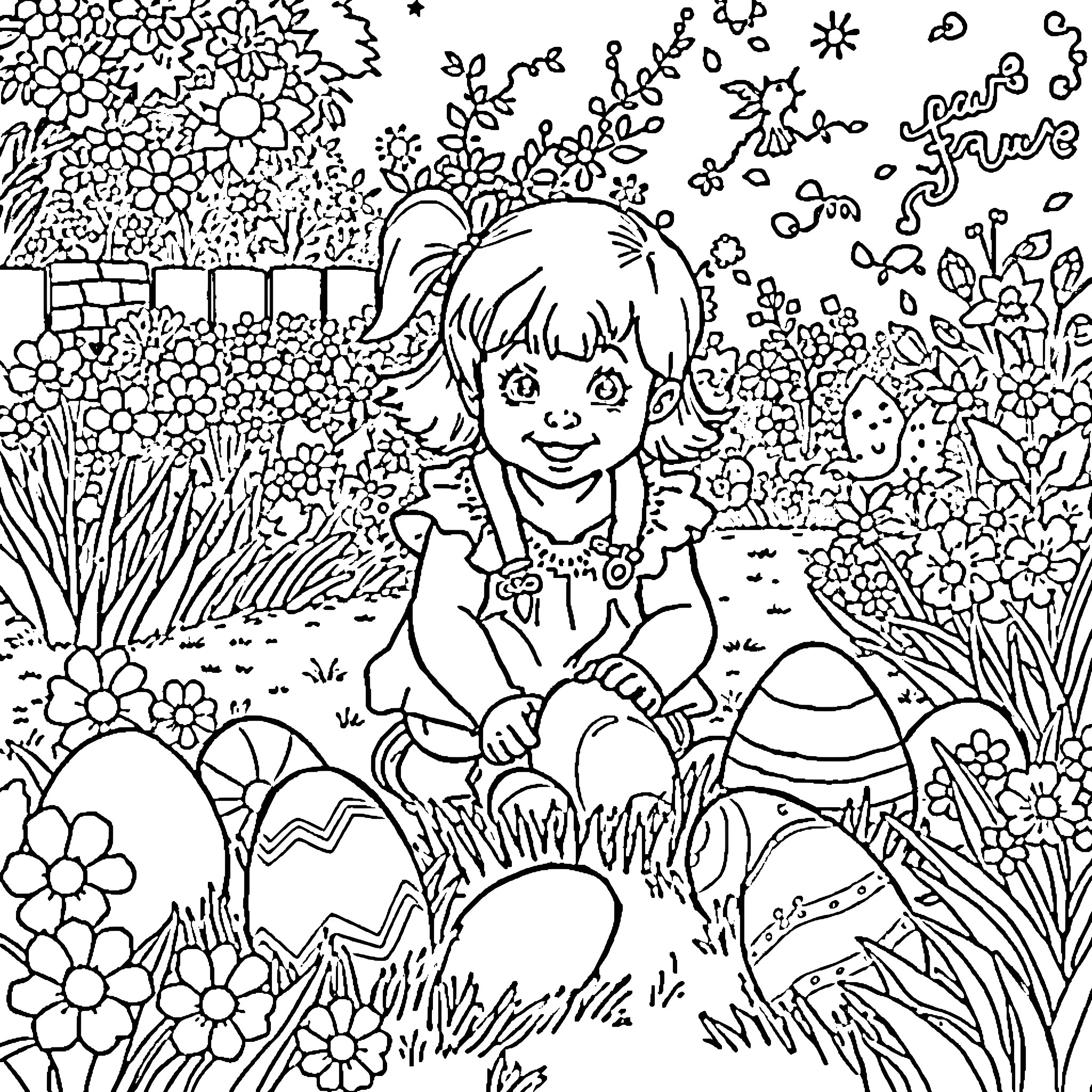 Toddler girl exploring Easter eggs in a floral garden Coloring Page (free black-and-white line drawing printable PDF for all, from beginners to advanced learners, including children, teens, adults, and seniors)