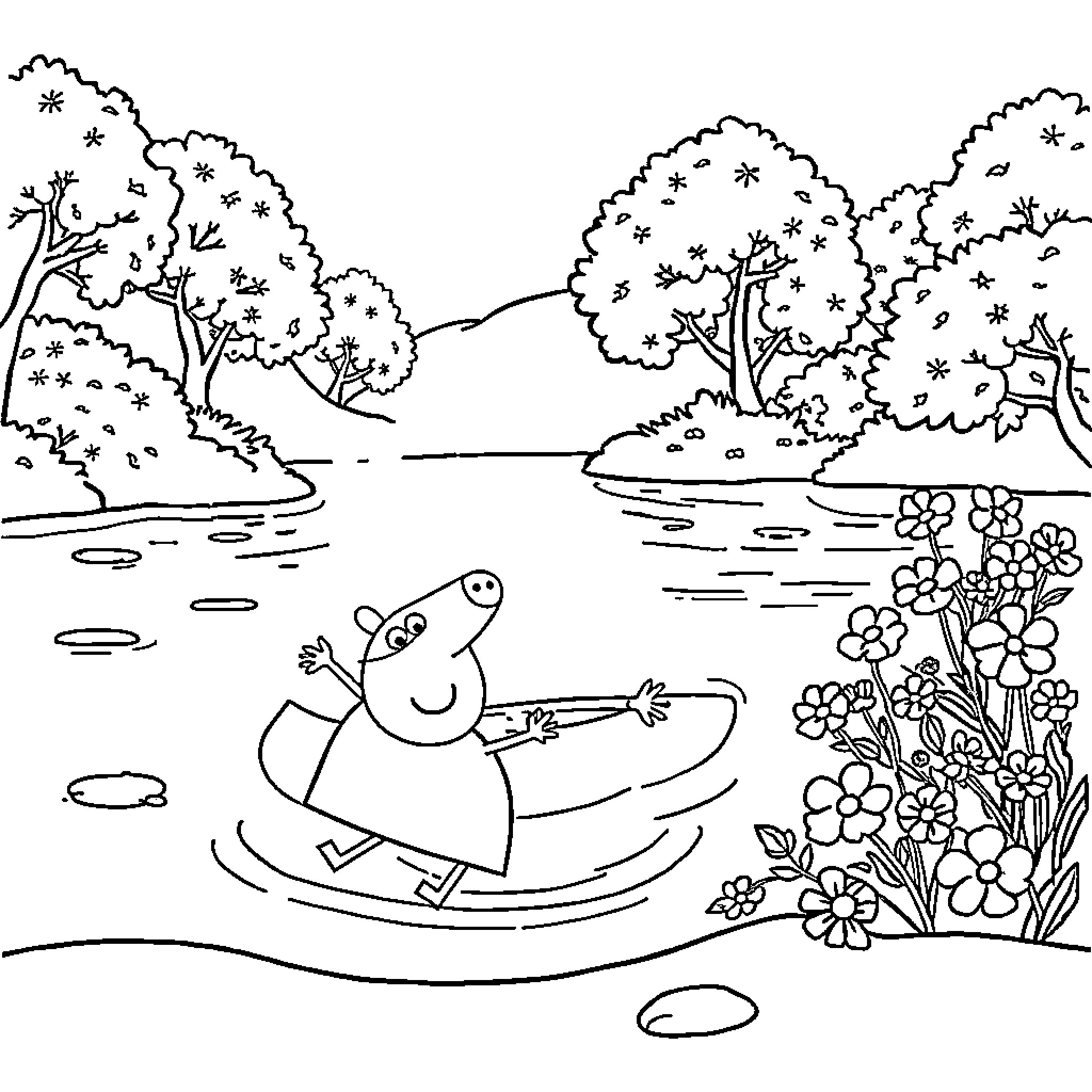 Peppa Pig enjoying a boat ride in nature Coloring Page (free black-and-white line drawing printable PDF for all, from beginners to advanced learners, including children, teens, adults, and seniors)