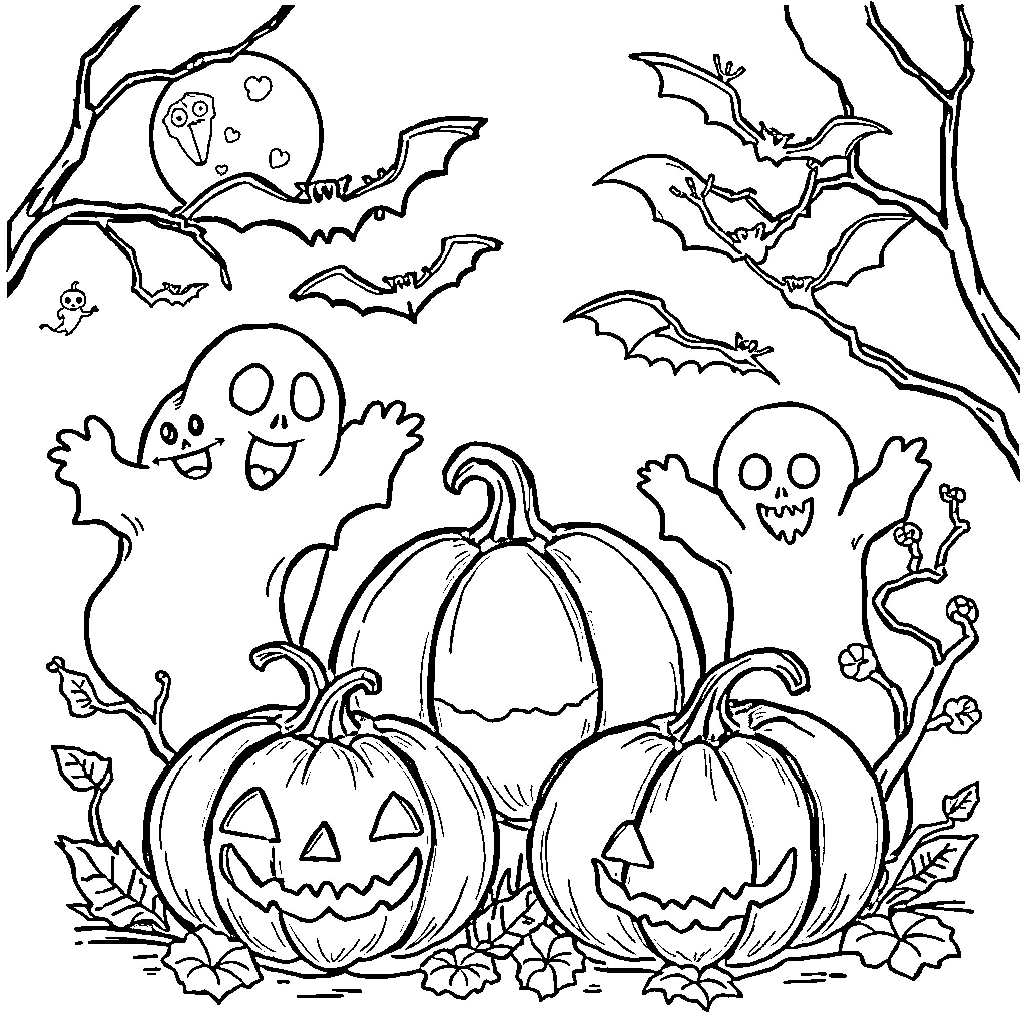 Halloween Pumpkins, Ghosts, and Bats in the Spooky Forest Coloring Page (free black-and-white line drawing printable PDF for all, from beginners to advanced learners, including children, teens, adults, and seniors)