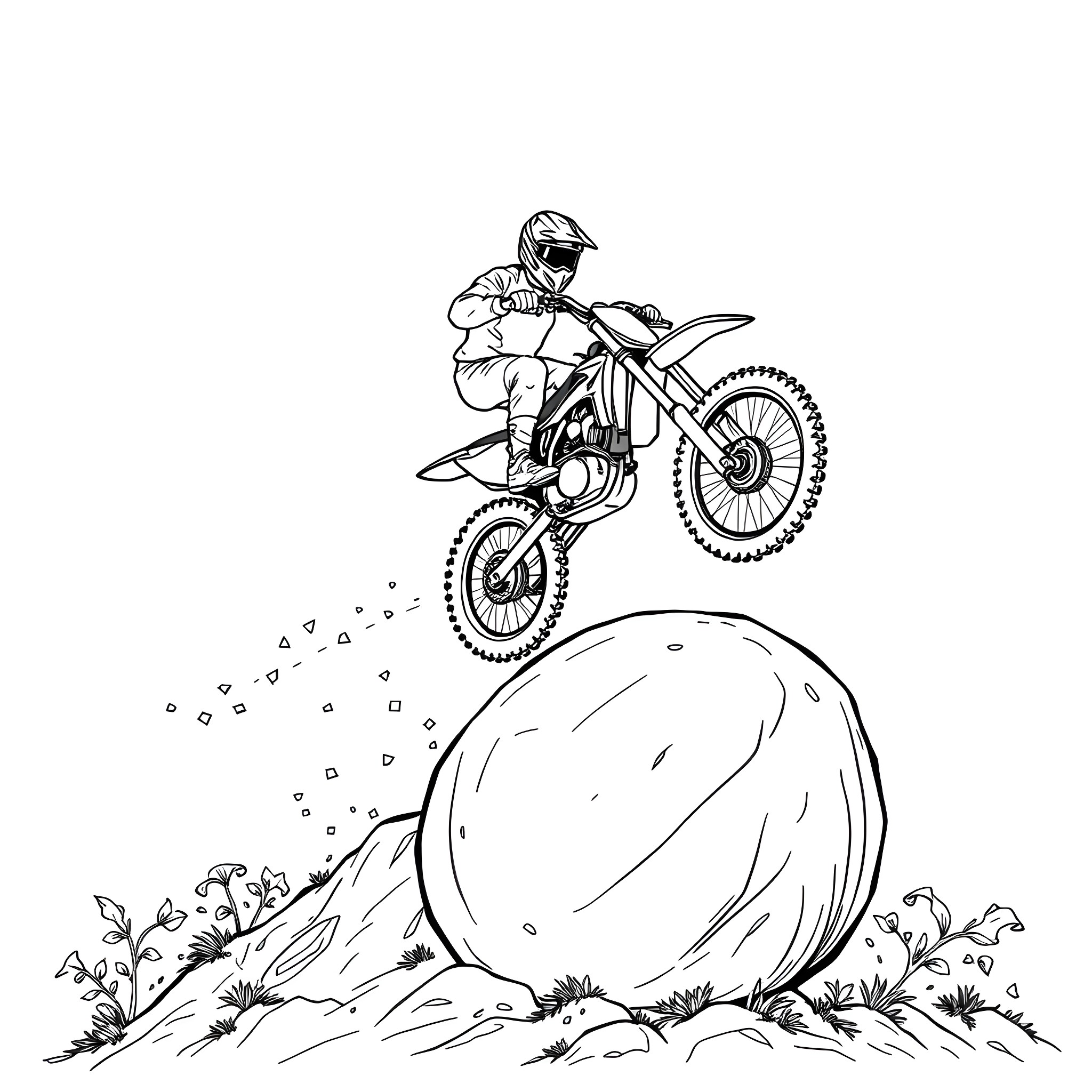 Dirt Bike Rider Jumps Over Rocks on Rugged Terrain Coloring Page (free black-and-white line drawing printable PDF for all, from beginners to advanced learners, including children, teens, adults, and seniors)