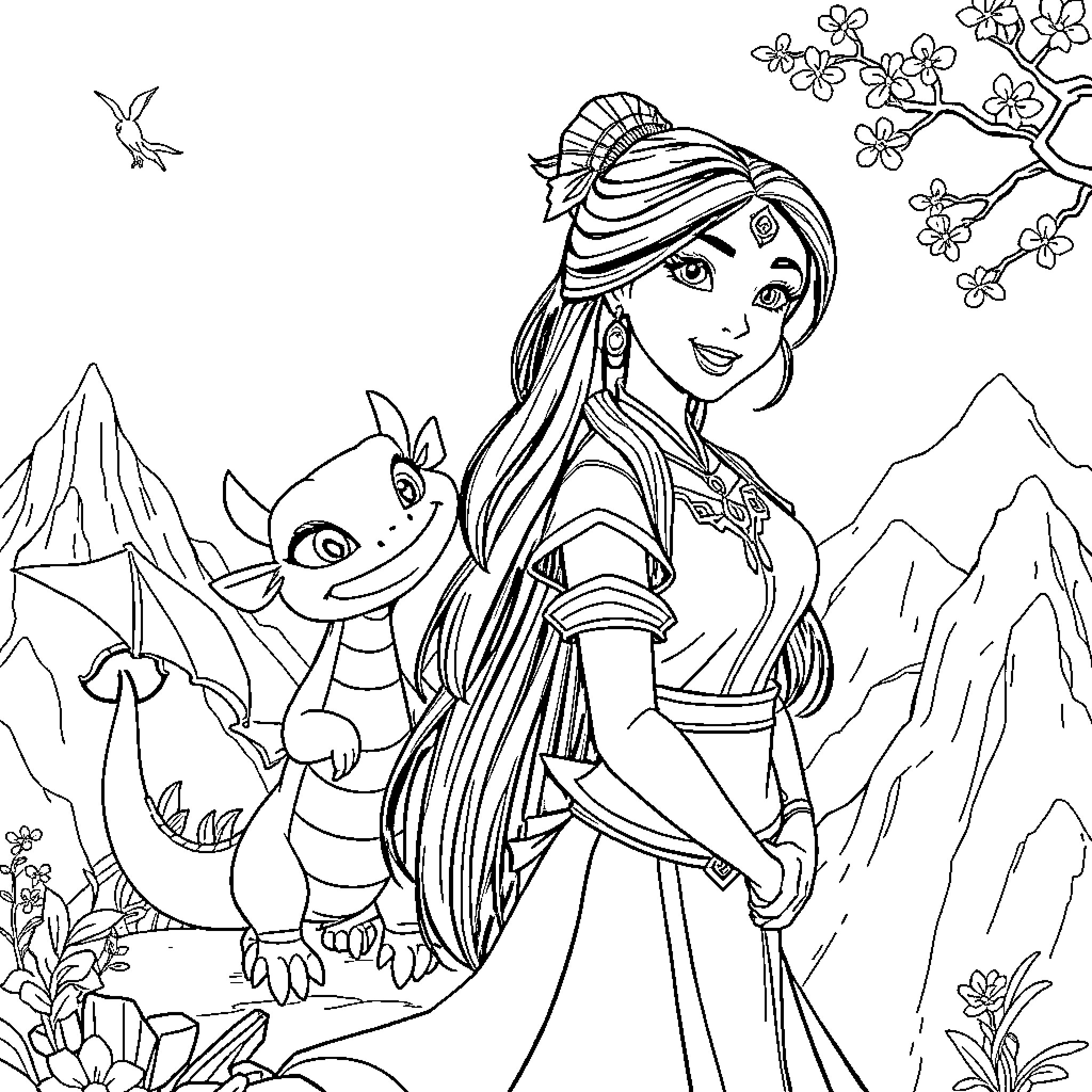 Mulan and her dragon companion in a serene mountain landscape Coloring Page (free black-and-white line drawing printable PDF for all, from beginners to advanced learners, including children, teens, adults, and seniors)