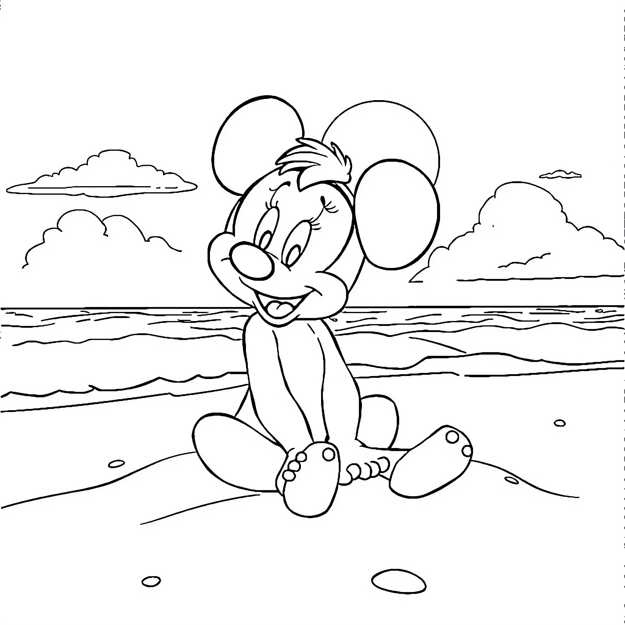 Disney Character playing on the beach Coloring Page (free black-and-white line drawing printable PDF for all, from beginners to advanced learners, including children, teens, adults, and seniors)
