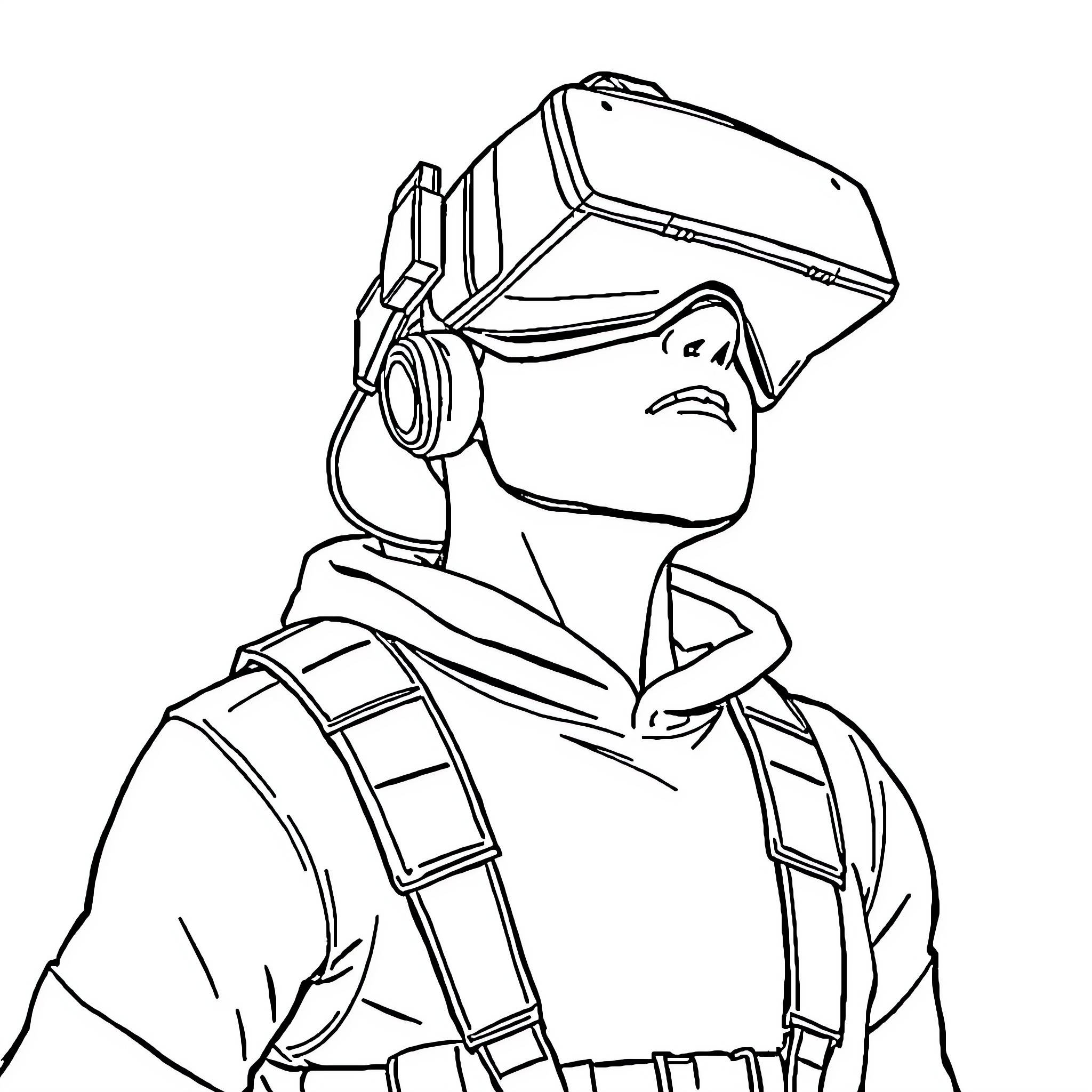 Fortnite player exploring virtual reality environment Coloring Page (free black-and-white line drawing printable PDF for all, from beginners to advanced learners, including children, teens, adults, and seniors)
