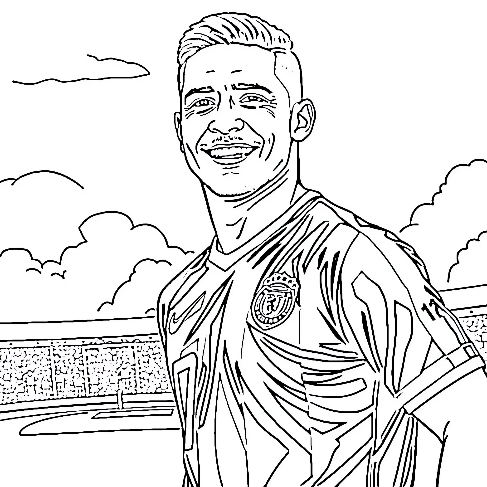 Paolo Guerrero celebrating victory on the field Coloring Page (free black-and-white line drawing printable PDF for all, from beginners to advanced learners, including children, teens, adults, and seniors)