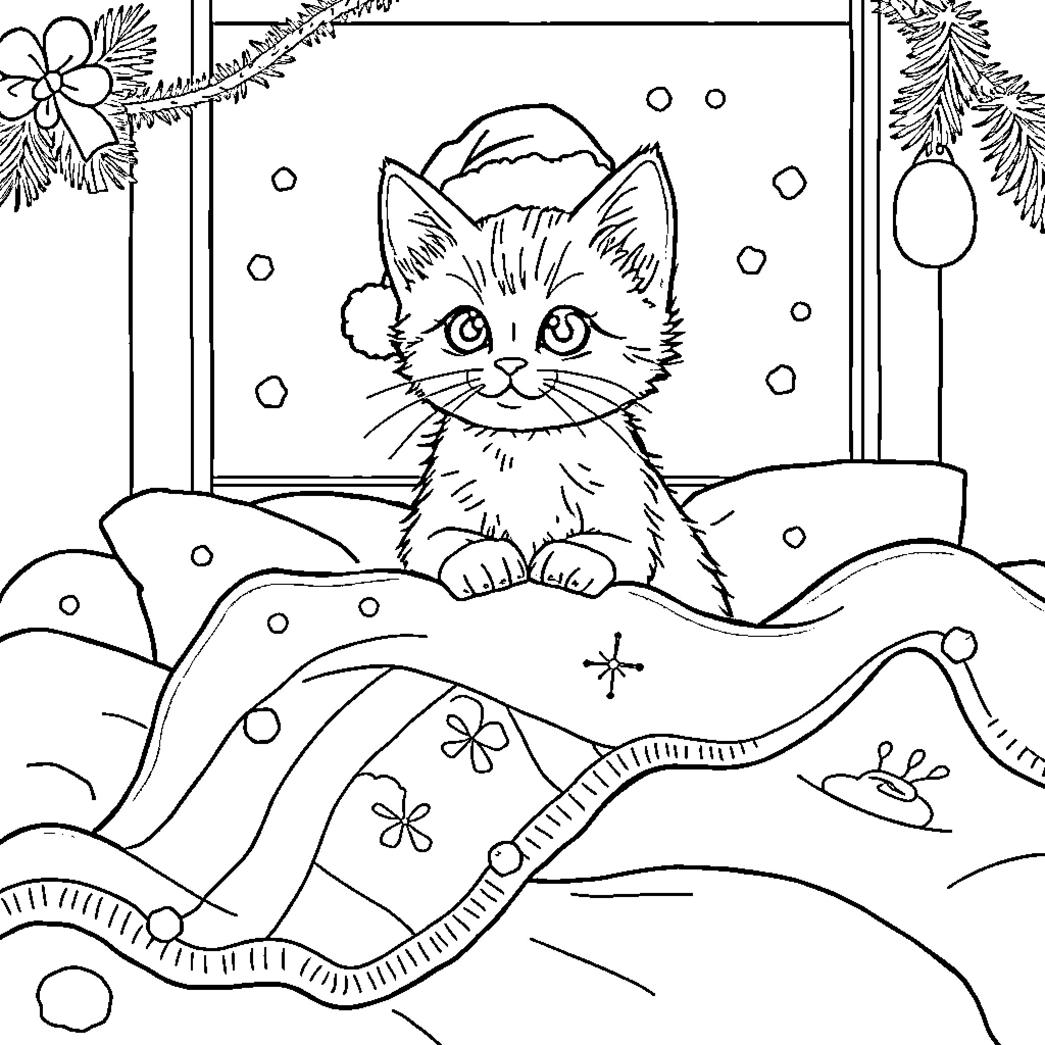 Kitten in Cozy Winter Scene Coloring Page (free black-and-white line drawing printable PDF for all, from beginners to advanced learners, including children, teens, adults, and seniors)