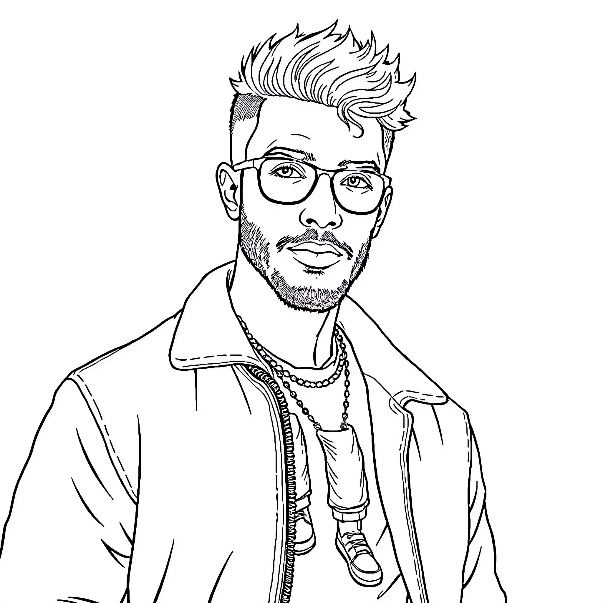 Rainbow Man stylishly poses in artistic monochrome Coloring Page (free black-and-white line drawing printable PDF for all, from beginners to advanced learners, including children, teens, adults, and seniors)