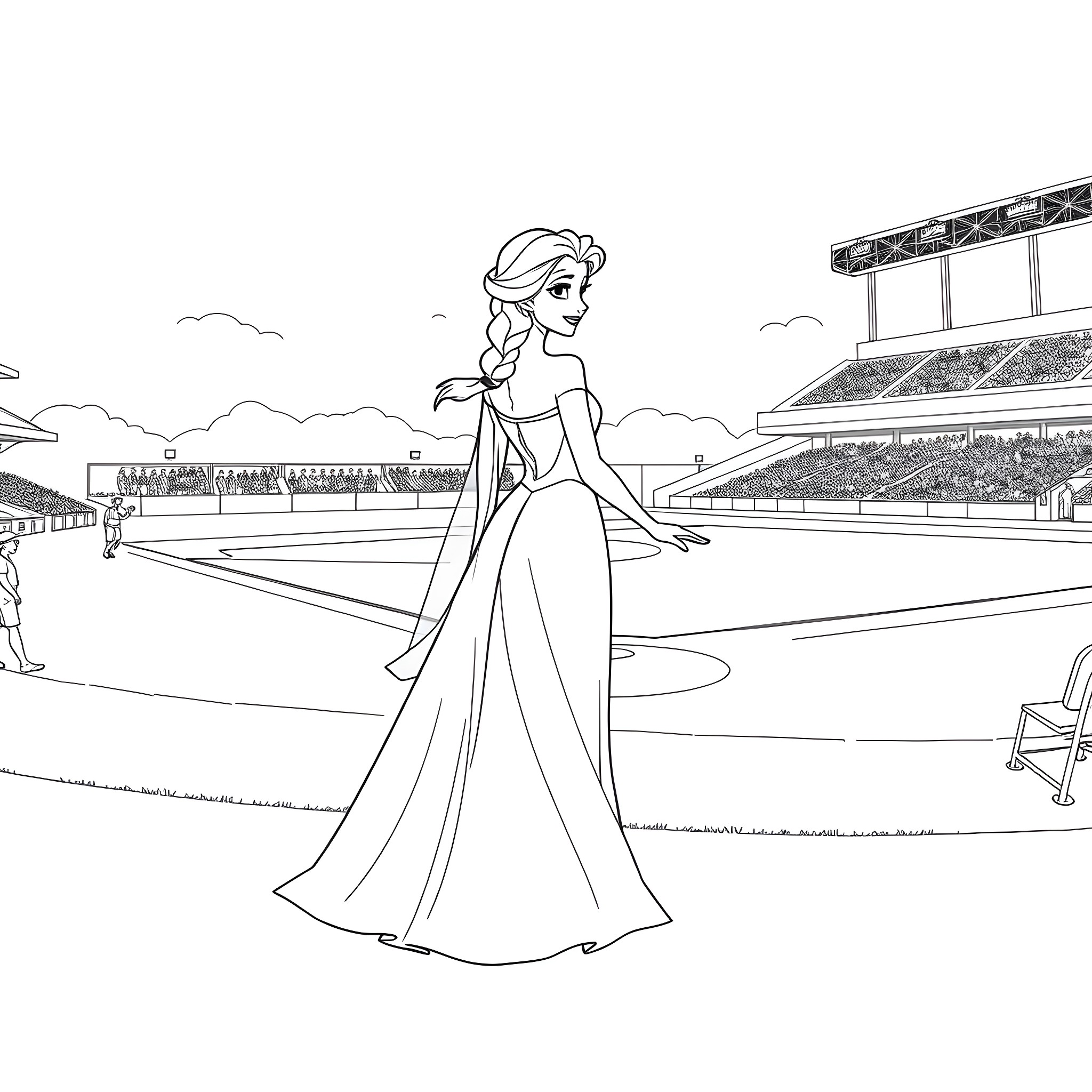 Elsa at the Olympic stadium Coloring Page (free black-and-white line drawing printable PDF for all, from beginners to advanced learners, including children, teens, adults, and seniors)