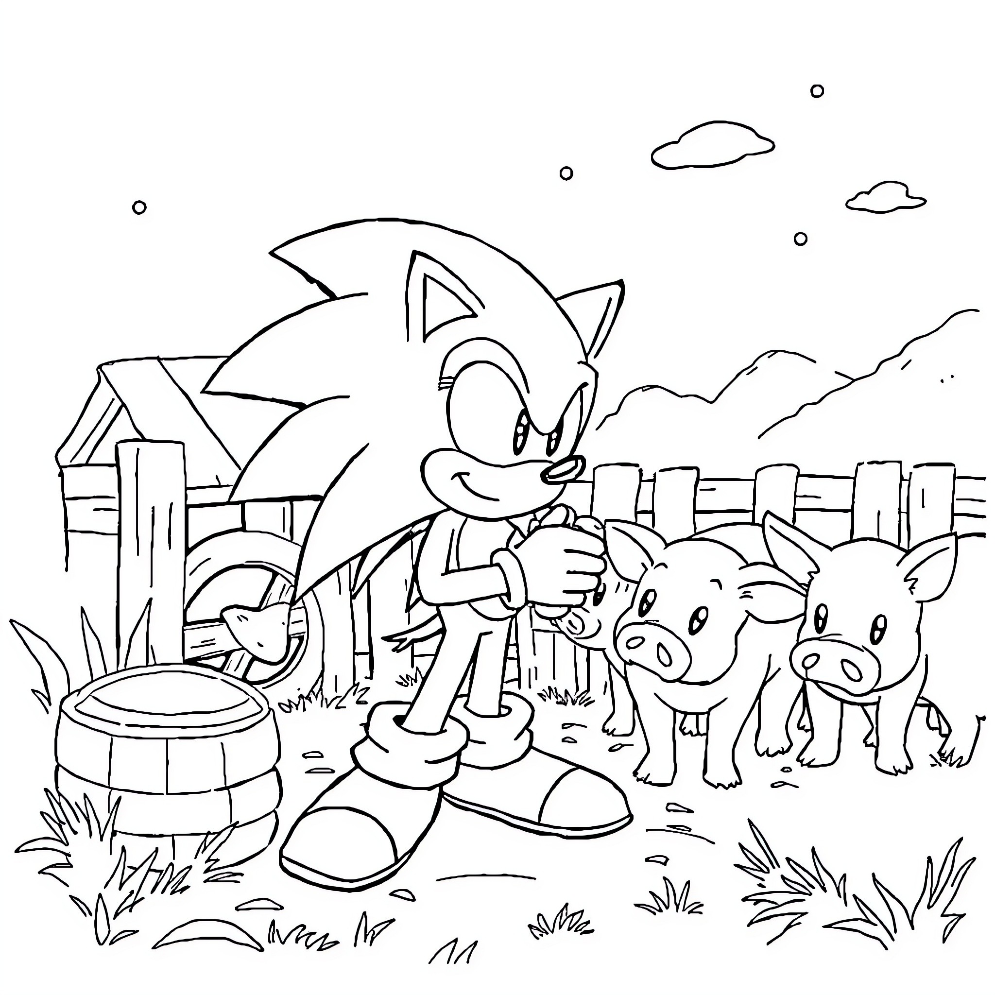 Sonic and his animal friends in an outdoor scene Coloring Page (free black-and-white line drawing printable PDF for all, from beginners to advanced learners, including children, teens, adults, and seniors)
