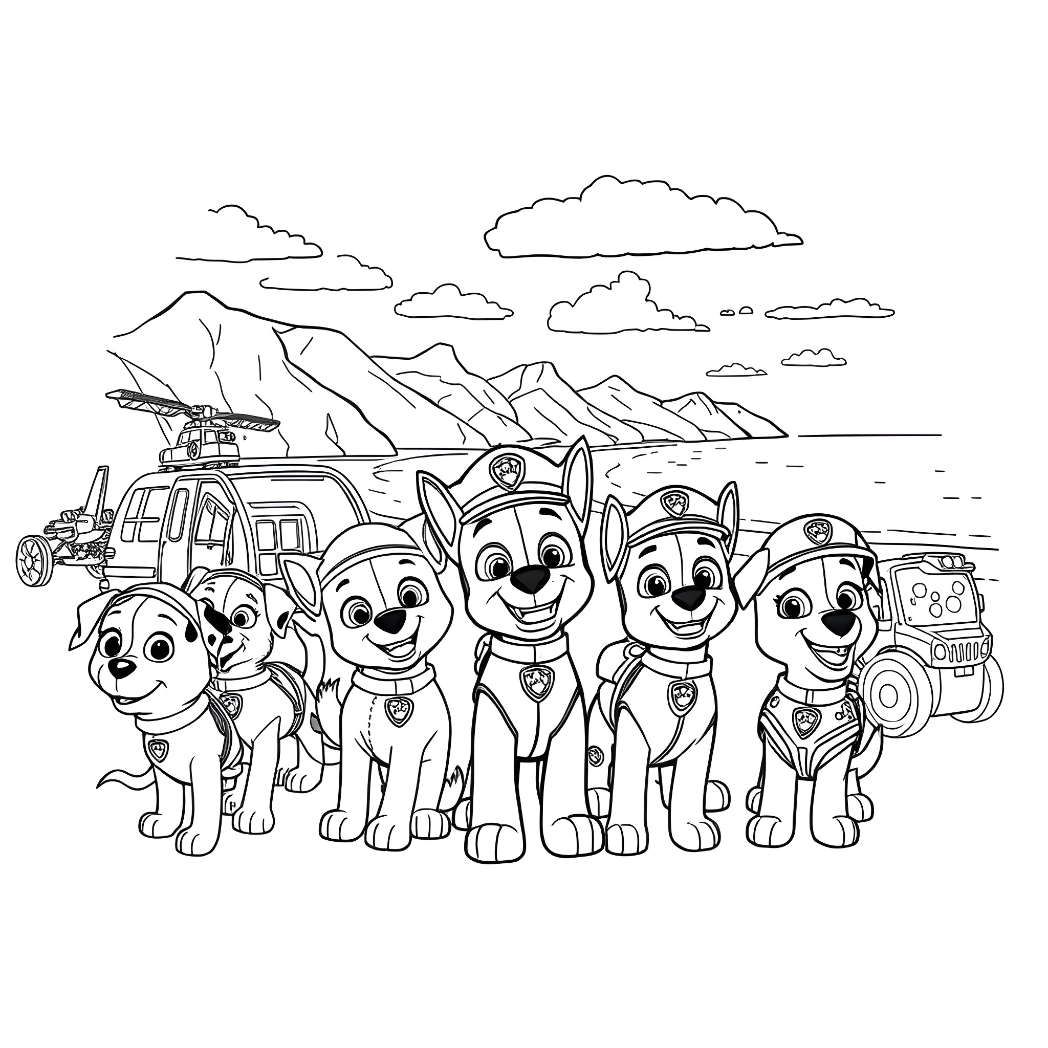 Paw Patrol pups on an adventure in the mountains Coloring Page (free black-and-white line drawing printable PDF for all, from beginners to advanced learners, including children, teens, adults, and seniors)