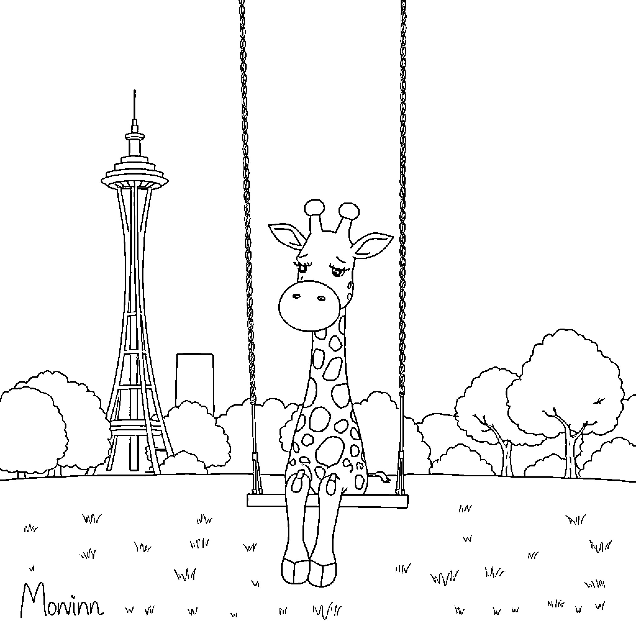 Giraffe admiring the city skyline on a swing Coloring Page (free black-and-white line drawing printable PDF for all, from beginners to advanced learners, including children, teens, adults, and seniors)