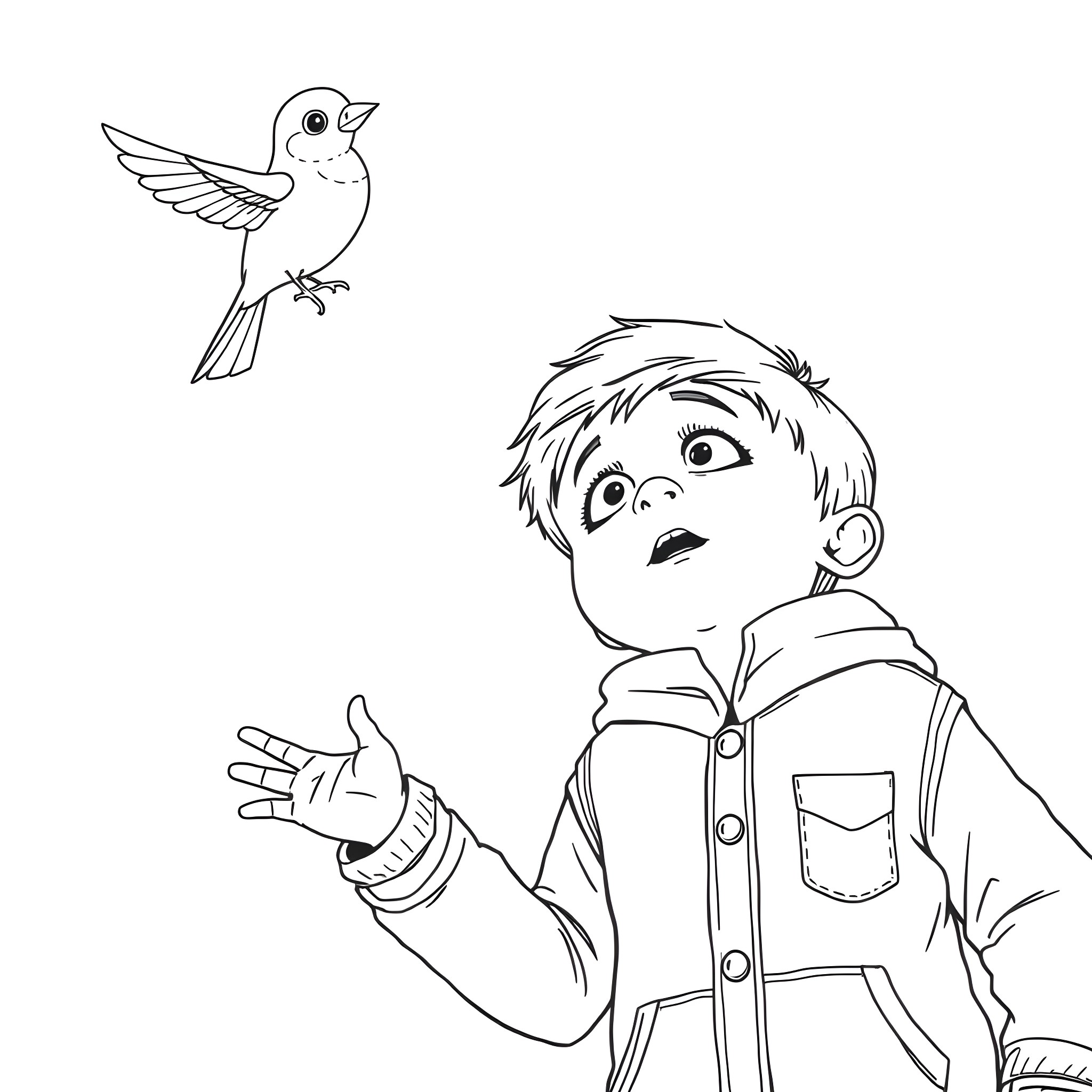 Bird chasing after a curious child Coloring Page (free black-and-white line drawing printable PDF for all, from beginners to advanced learners, including children, teens, adults, and seniors)