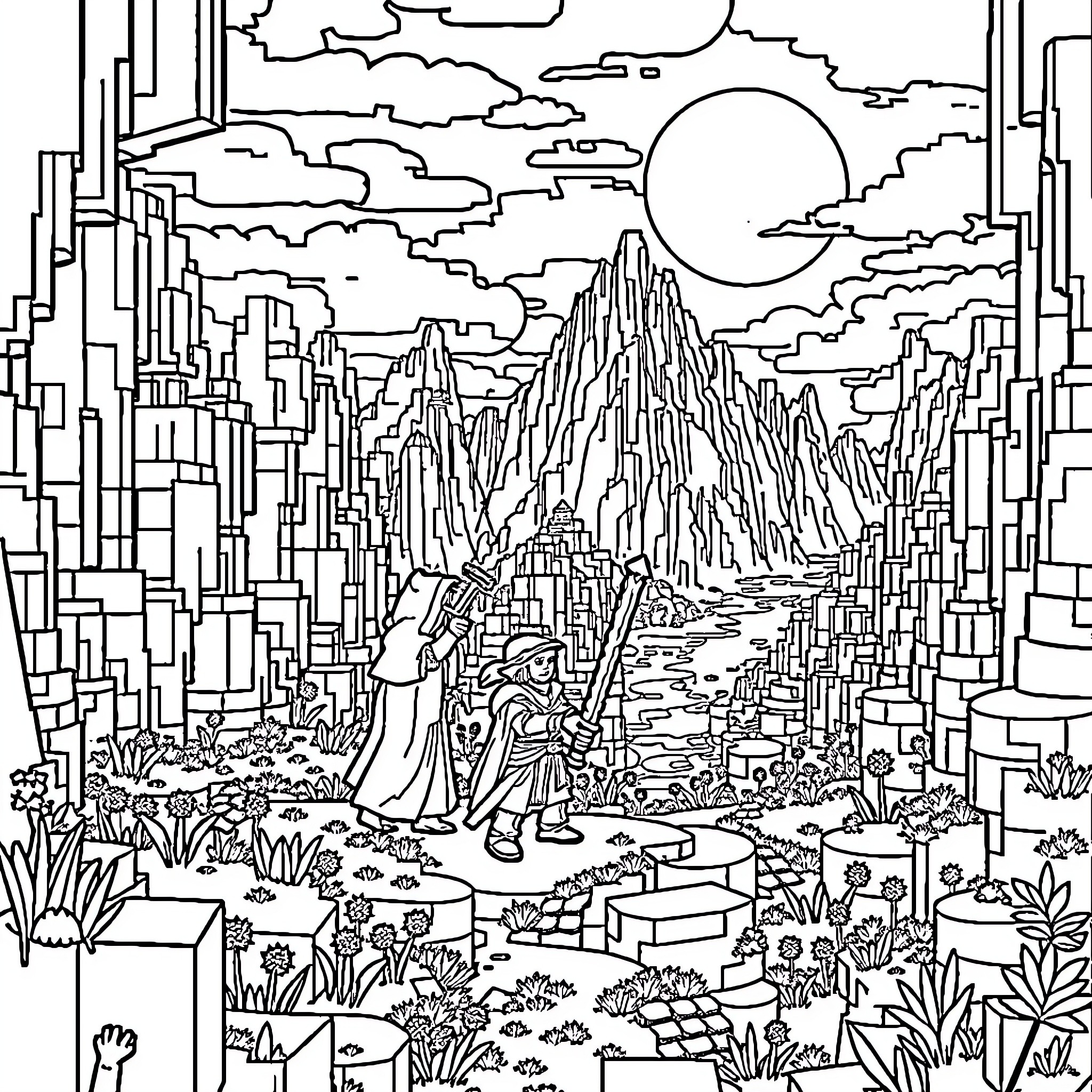 Minecraft Fantasy Landscape with Mountains and Clouds Coloring Page (free black-and-white line drawing printable PDF for all, from beginners to advanced learners, including children, teens, adults, and seniors)