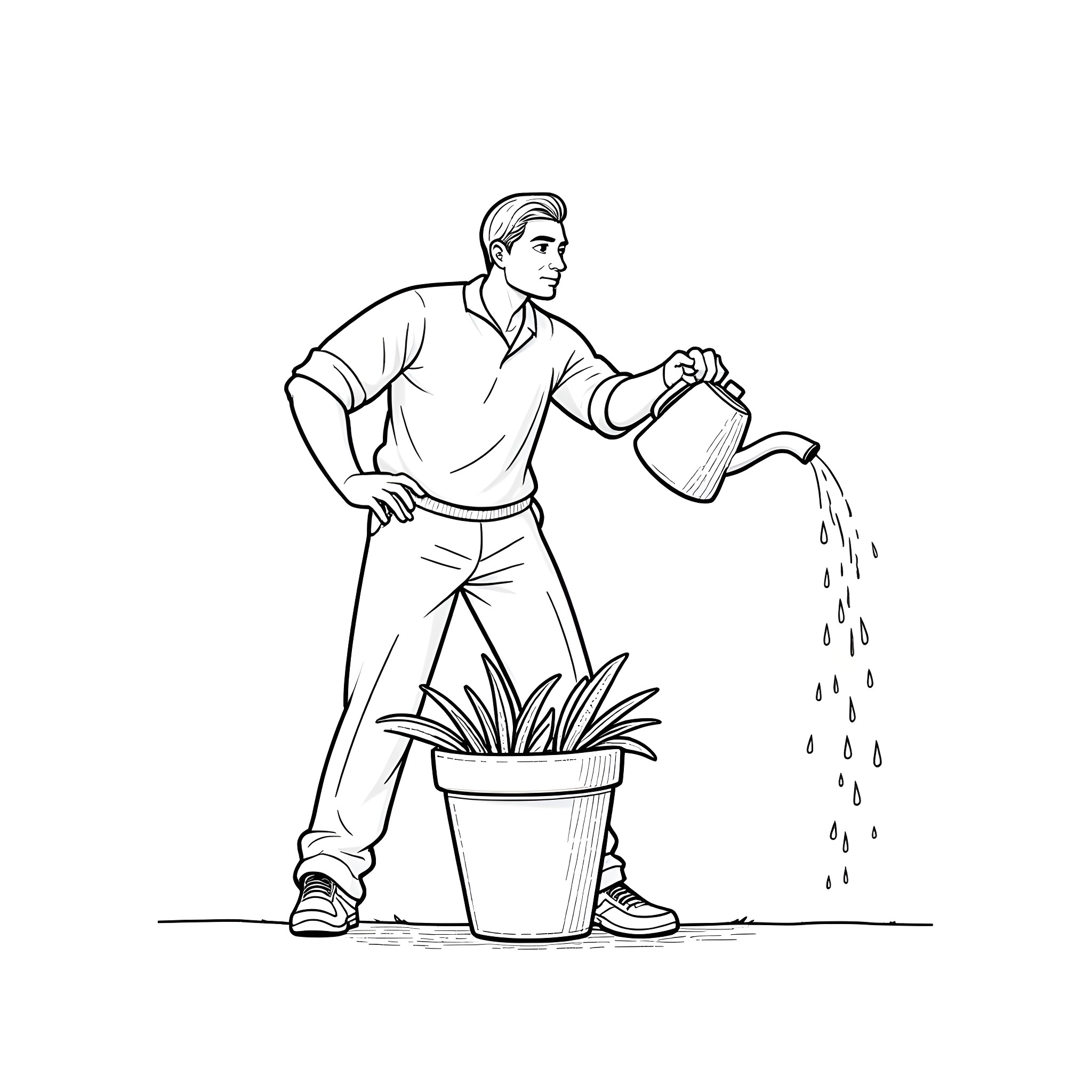 Man watering potted plant with care Coloring Page (free black-and-white line drawing printable PDF for all, from beginners to advanced learners, including children, teens, adults, and seniors)