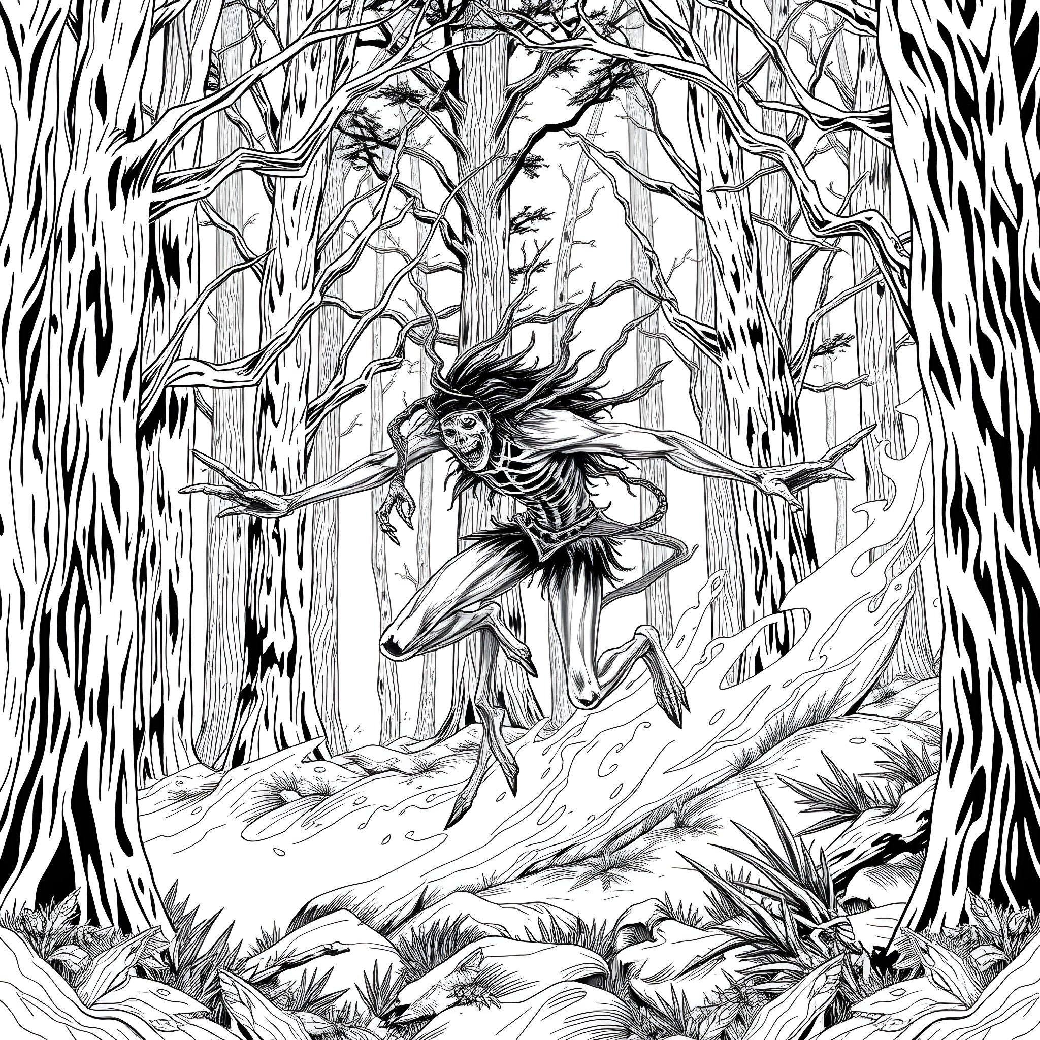 Wendigo's Haunting Dance in the Mythical Forest Coloring Page (free black-and-white line drawing printable PDF for all, from beginners to advanced learners, including children, teens, adults, and seniors)