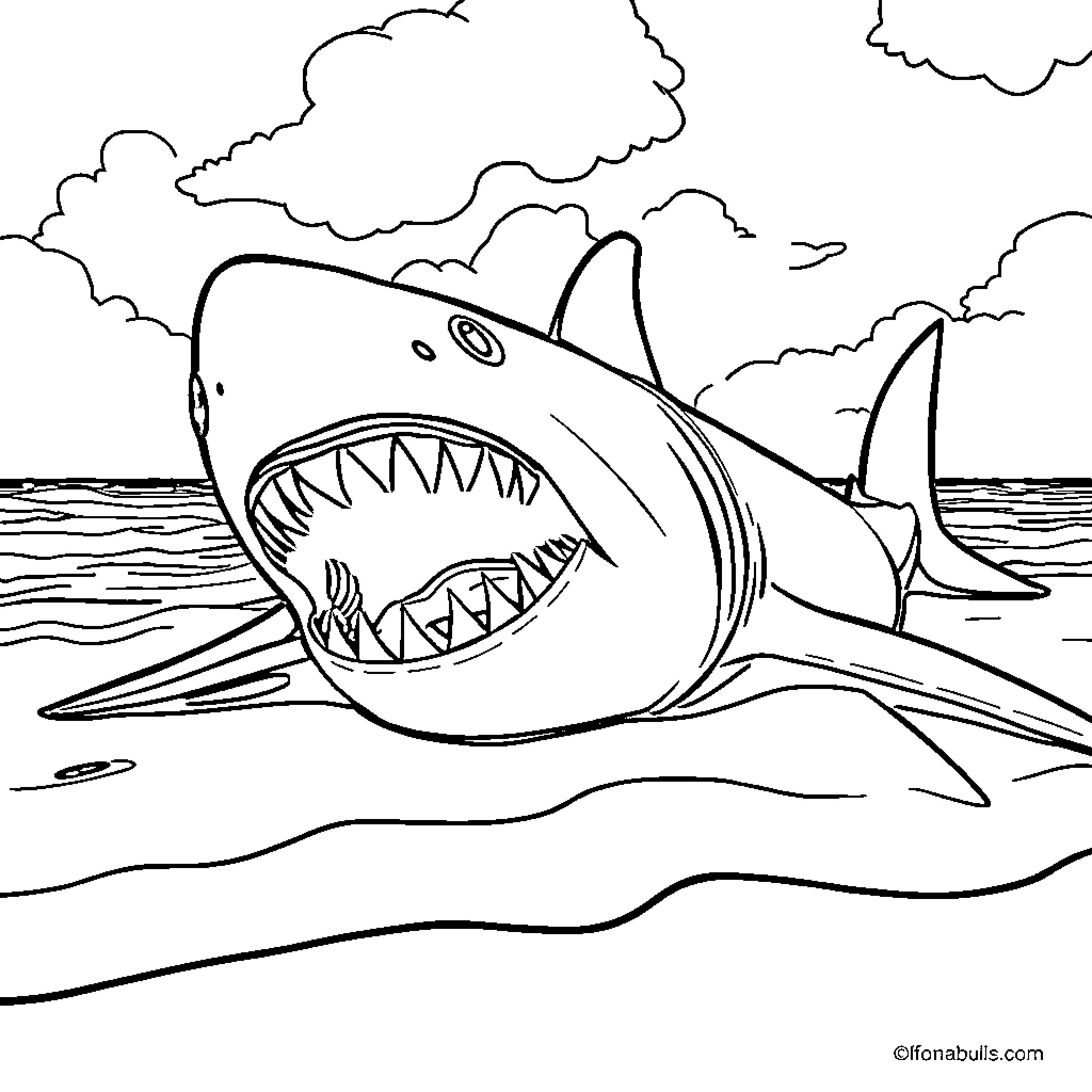 Jaws opening wide in the stormy sea Coloring Page (free black-and-white line drawing printable PDF for all, from beginners to advanced learners, including children, teens, adults, and seniors)
