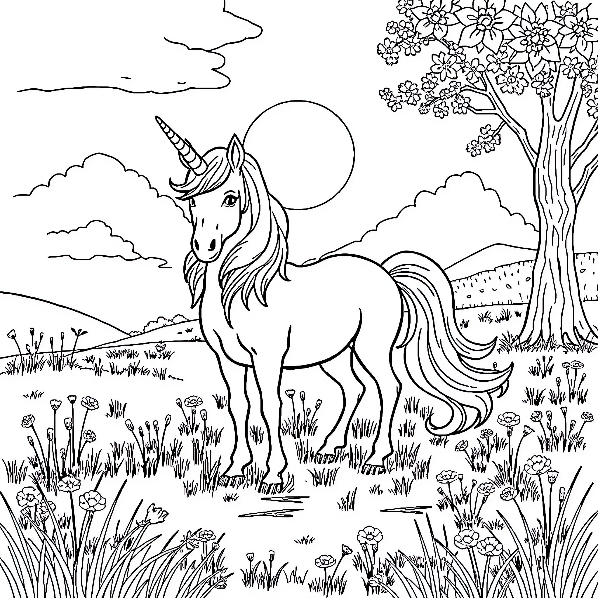 Unicorn standing majestically in a magical meadow Coloring Page (free black-and-white line drawing printable PDF for all, from beginners to advanced learners, including children, teens, adults, and seniors)