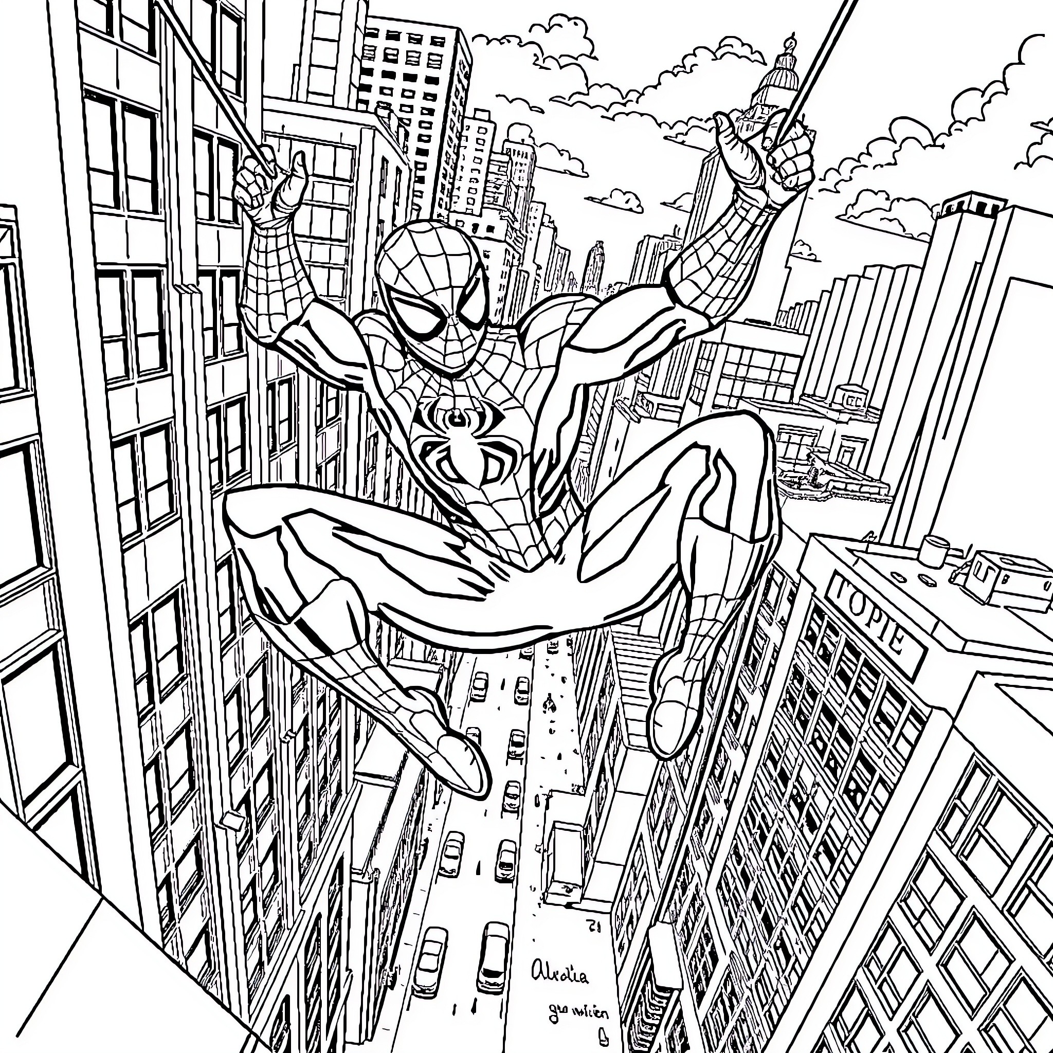 Spider-Man swinging through the city skyline Coloring Page (free black-and-white line drawing printable PDF for all, from beginners to advanced learners, including children, teens, adults, and seniors)
