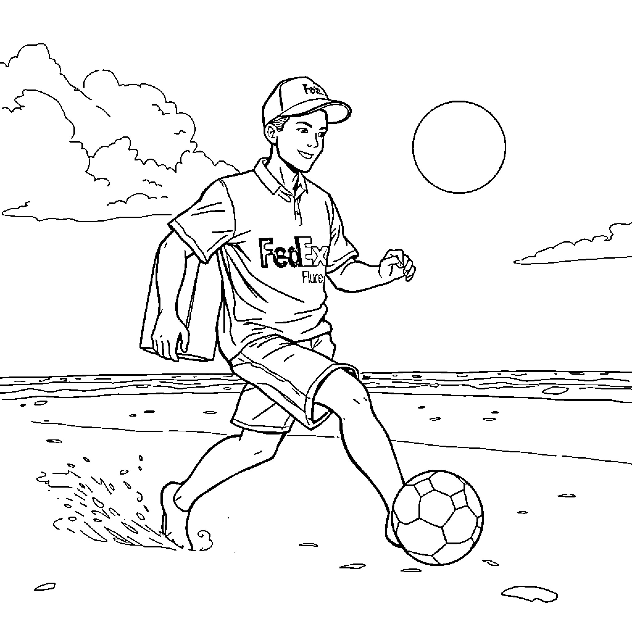FedEx Driver Playing Soccer on the Beach Coloring Page (free black-and-white line drawing printable PDF for all, from beginners to advanced learners, including children, teens, adults, and seniors)
