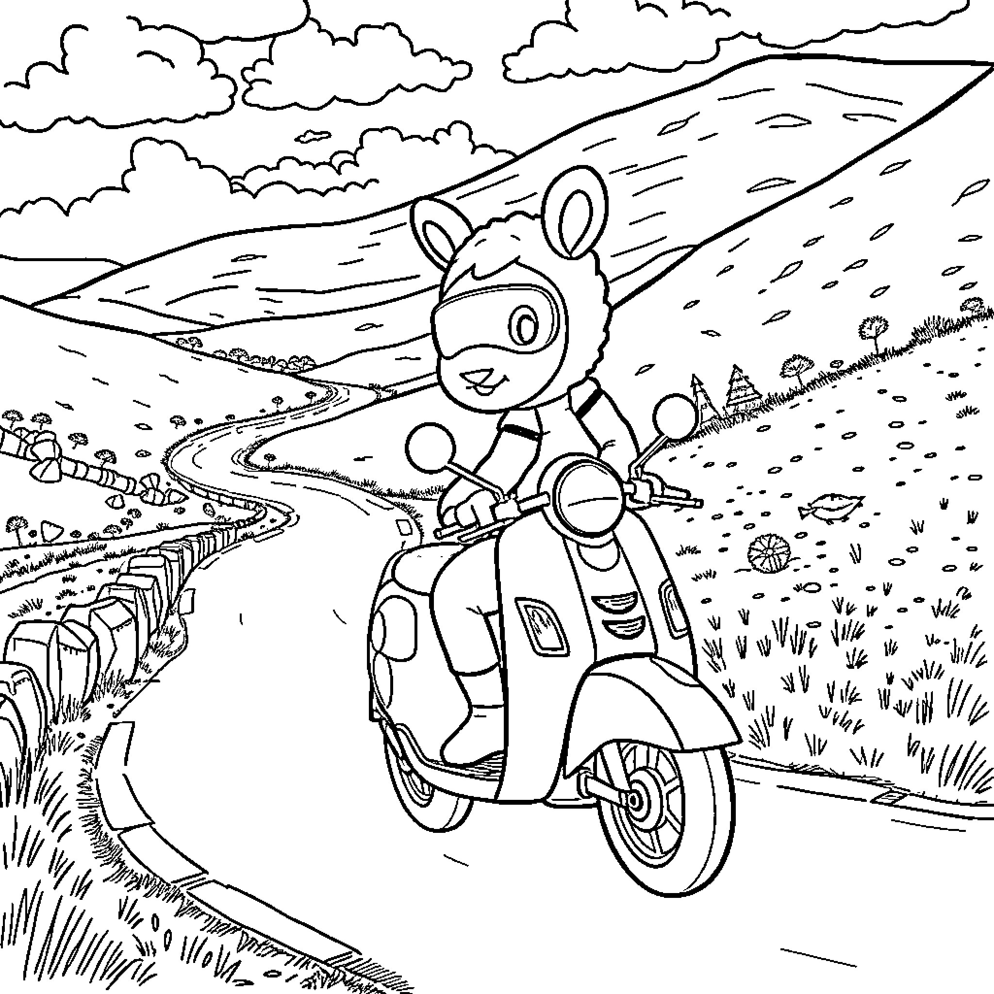 Labubu riding scooter on winding mountain road Coloring Page (free black-and-white line drawing printable PDF for all, from beginners to advanced learners, including children, teens, adults, and seniors)