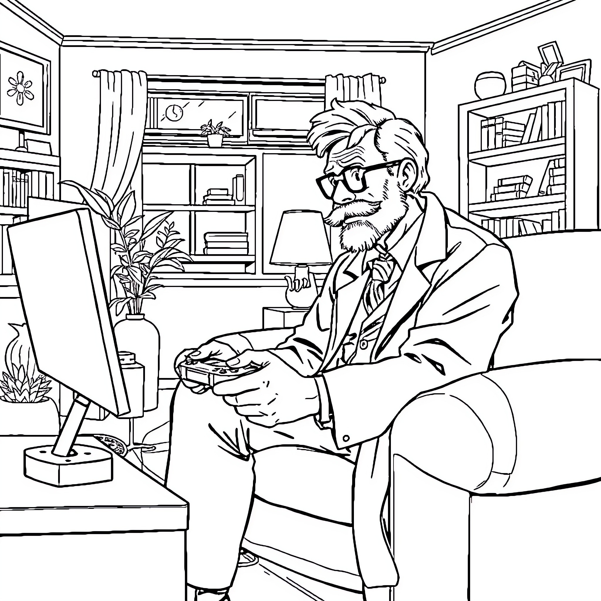 Professor working diligently at his desk Coloring Page (free black-and-white line drawing printable PDF for all, from beginners to advanced learners, including children, teens, adults, and seniors)