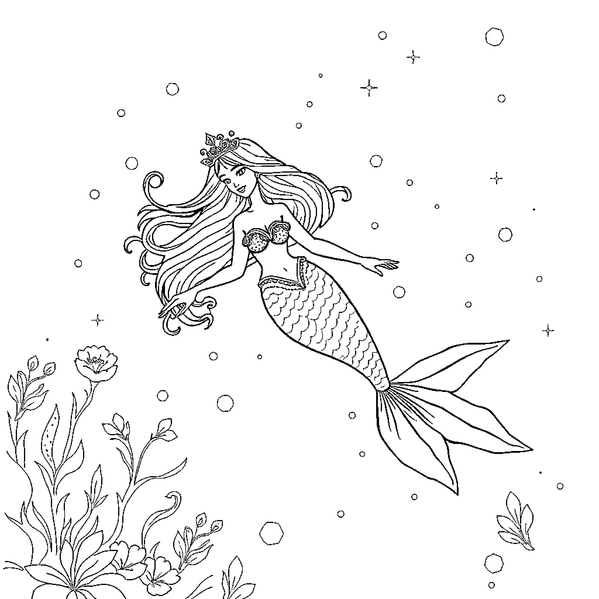 Mermaid enchanting the underwater garden Coloring Page (free black-and-white line drawing printable PDF for all, from beginners to advanced learners, including children, teens, adults, and seniors)