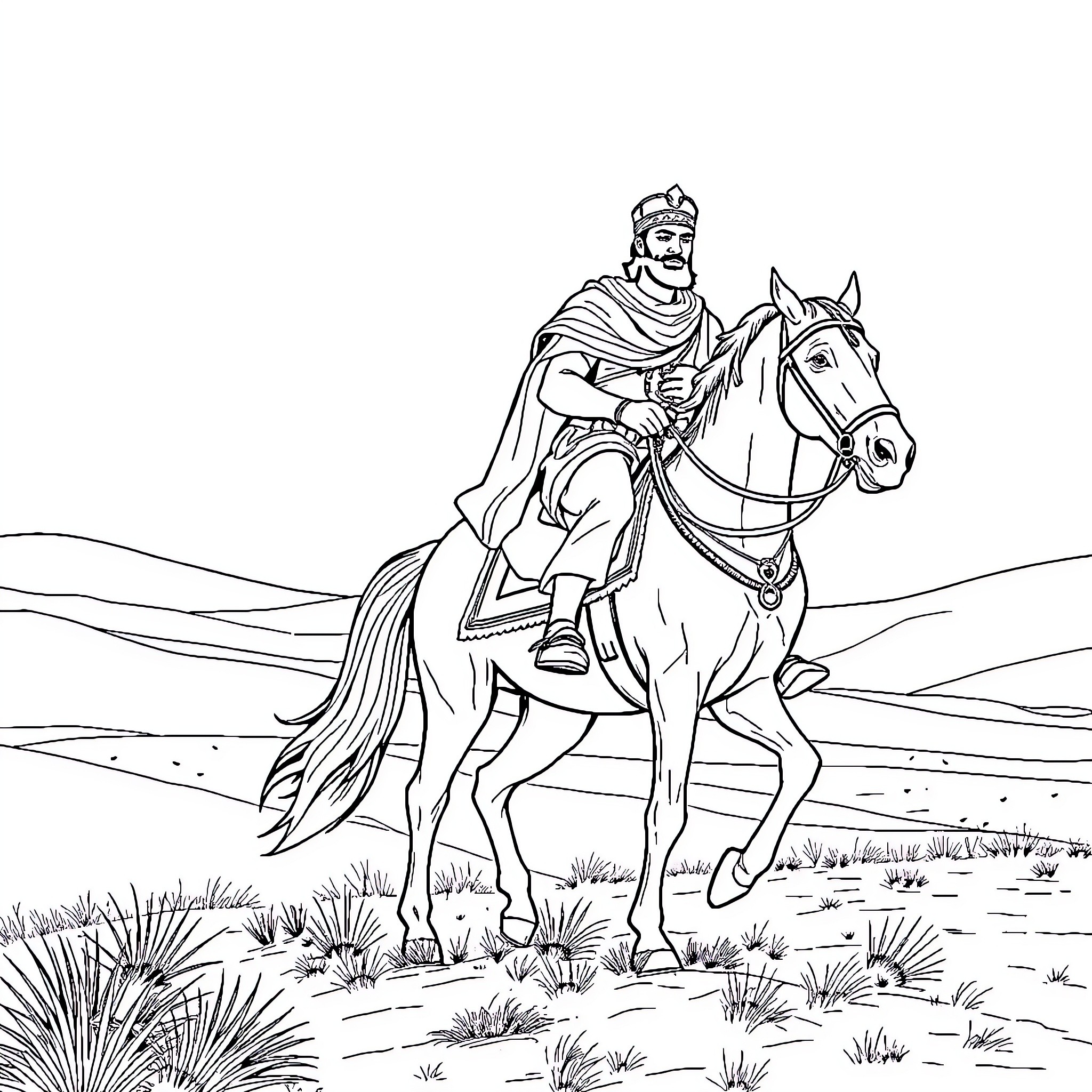 King on horseback in a desert landscape Coloring Page (free black-and-white line drawing printable PDF for all, from beginners to advanced learners, including children, teens, adults, and seniors)