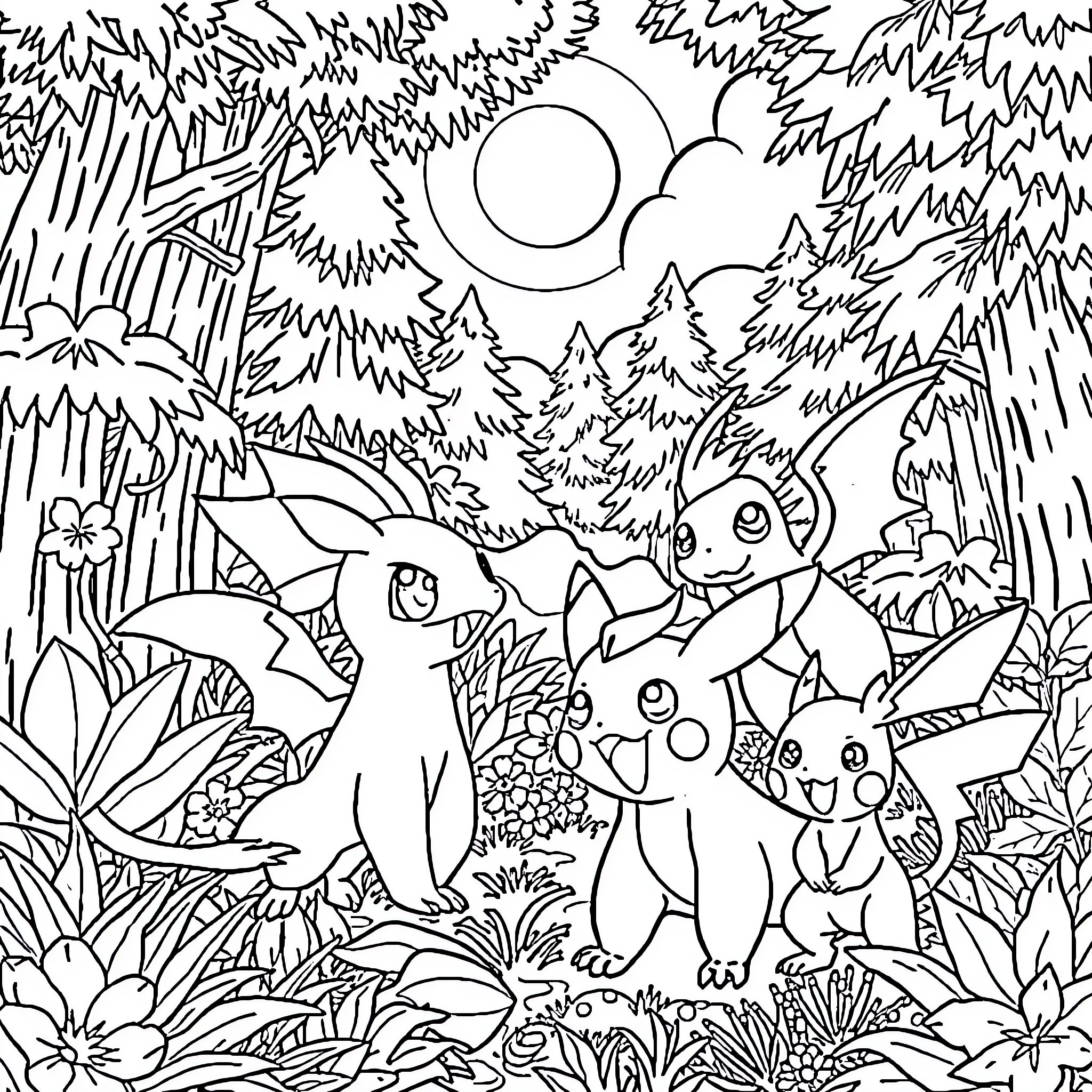 Pokémon characters exploring a lush forest landscape Coloring Page (free black-and-white line drawing printable PDF for all, from beginners to advanced learners, including children, teens, adults, and seniors)
