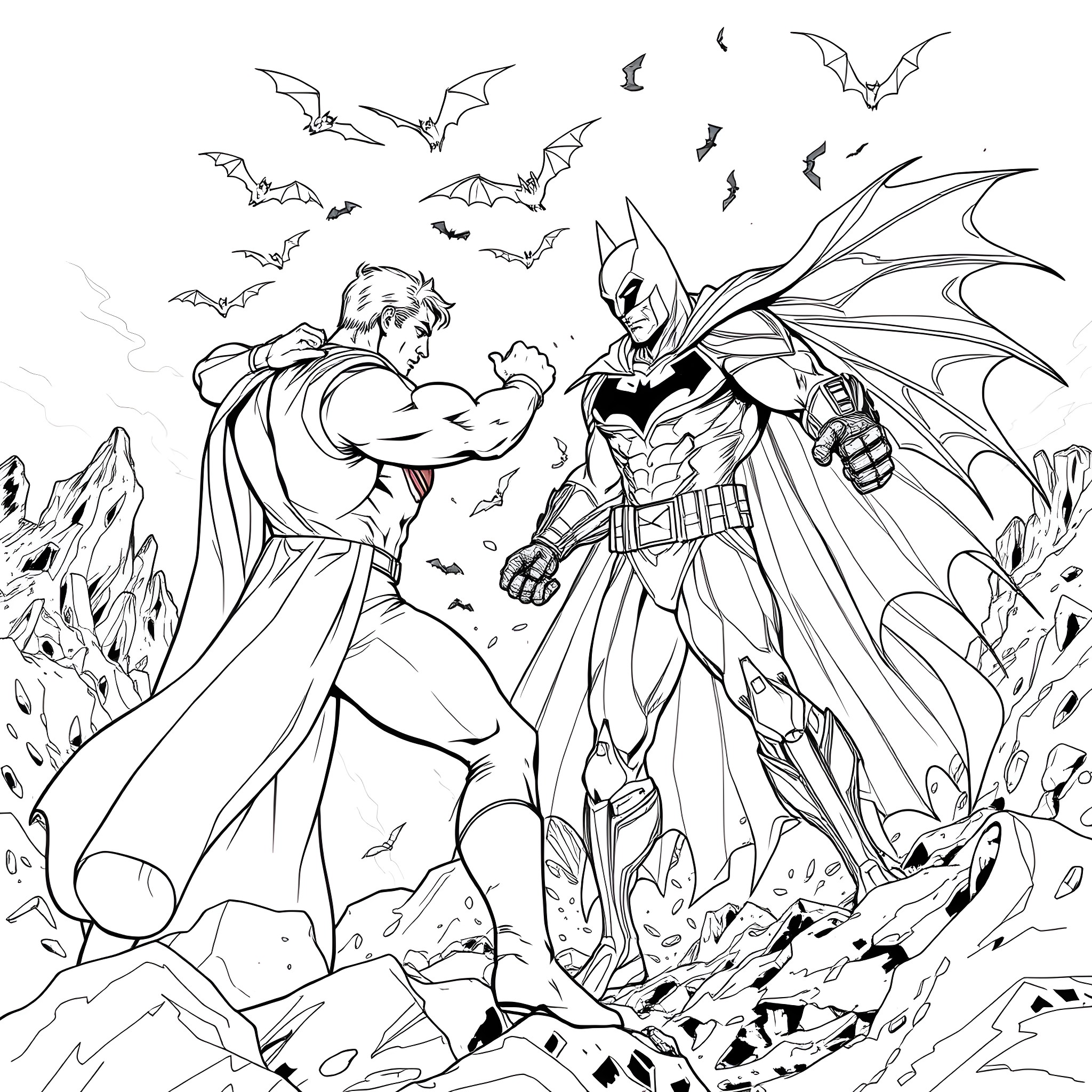 Superman and Batman in an epic battle against bats Coloring Page (free black-and-white line drawing printable PDF for all, from beginners to advanced learners, including children, teens, adults, and seniors)