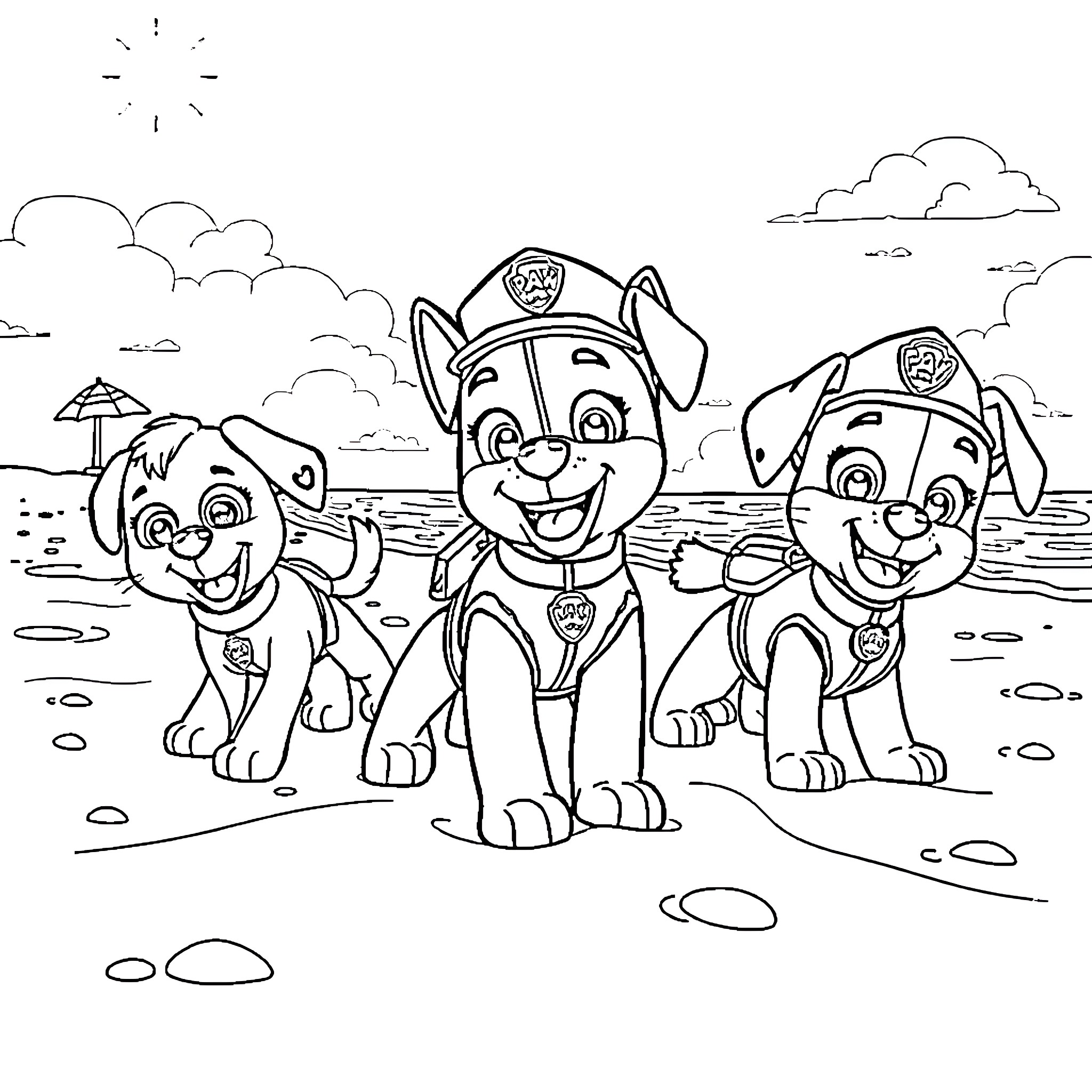 Pup patrol on the beach Coloring Page (free black-and-white line drawing printable PDF for all, from beginners to advanced learners, including children, teens, adults, and seniors)