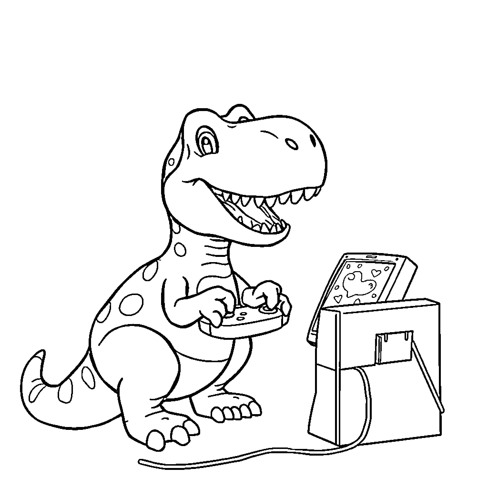 Dinosaur playing video games Coloring Page (free black-and-white line drawing printable PDF for all, from beginners to advanced learners, including children, teens, adults, and seniors)