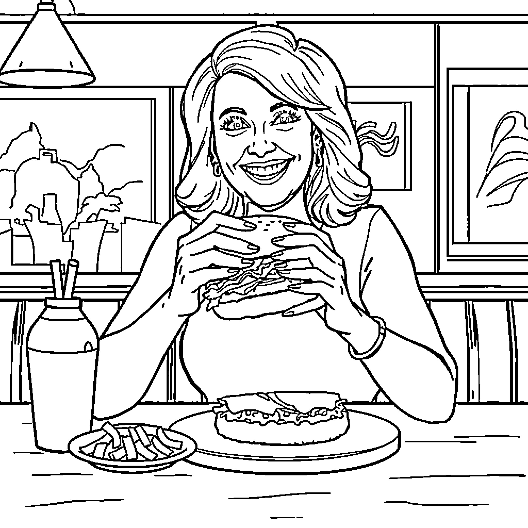 Claire Dunphy Enjoying a Delicious Meal Coloring Page (free black-and-white line drawing printable PDF for all, from beginners to advanced learners, including children, teens, adults, and seniors)