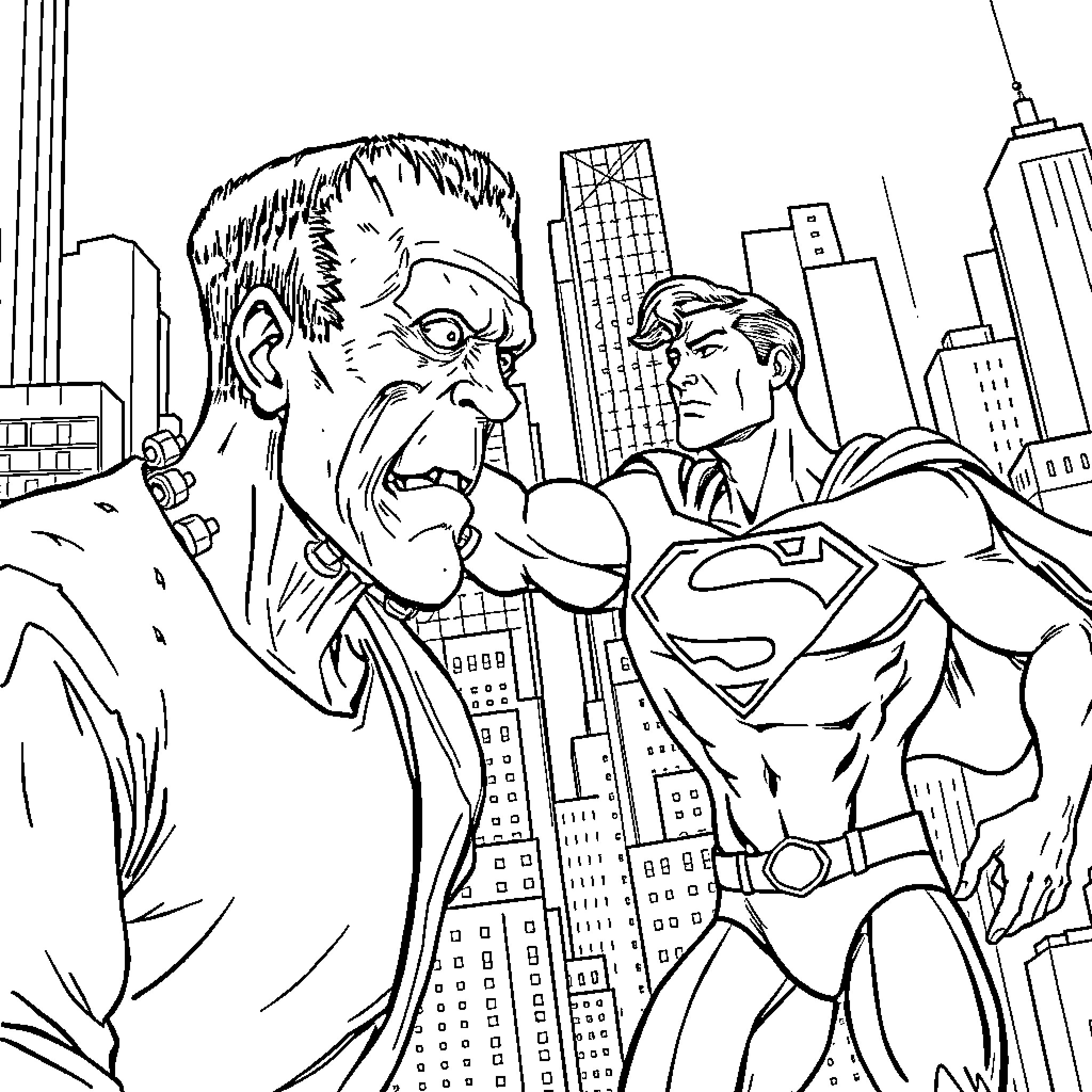 Frankenstein's Monster Confronts Superman in the City Coloring Page (free black-and-white line drawing printable PDF for all, from beginners to advanced learners, including children, teens, adults, and seniors)