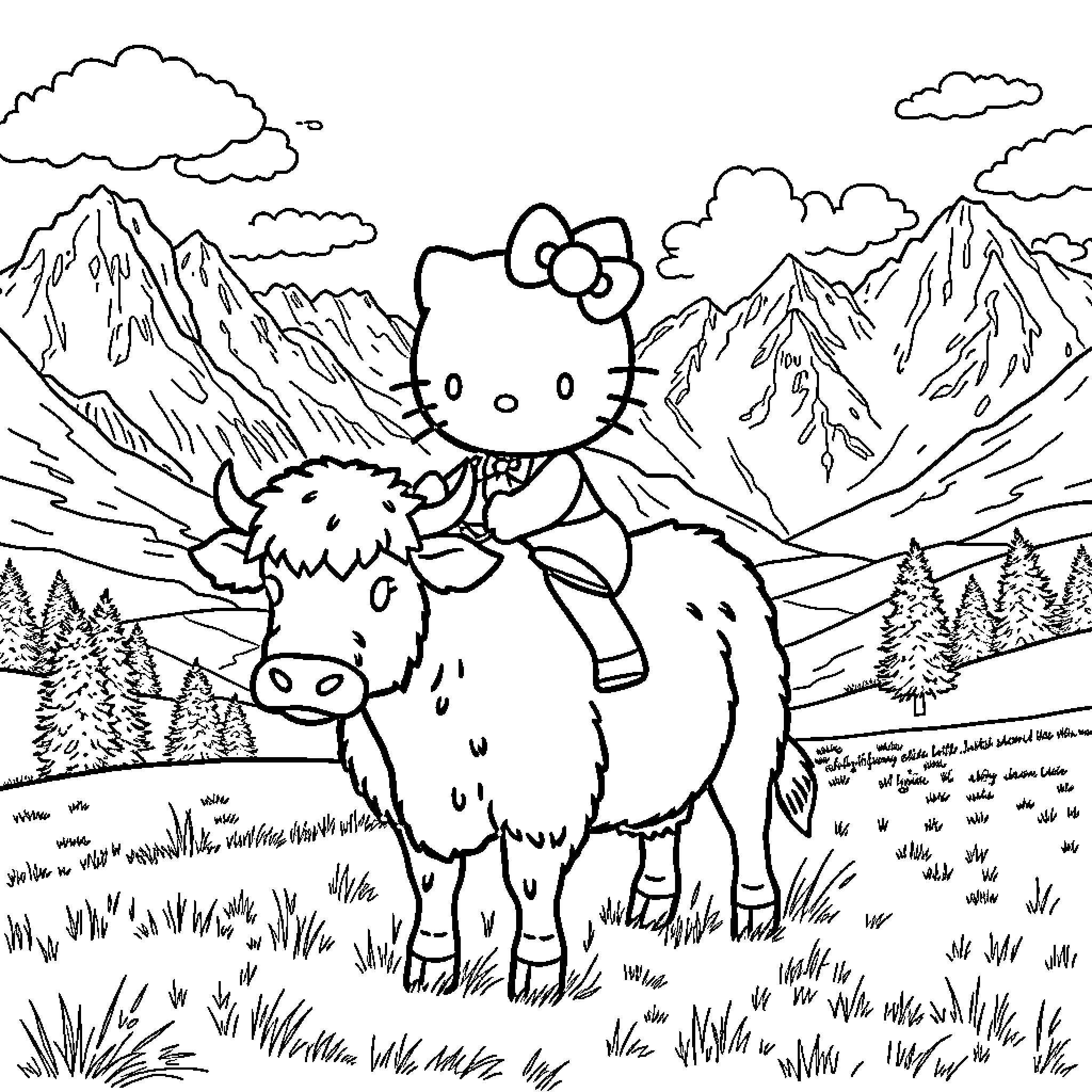 Hello Kitty riding a yak in the mountains Coloring Page (free black-and-white line drawing printable PDF for all, from beginners to advanced learners, including children, teens, adults, and seniors)