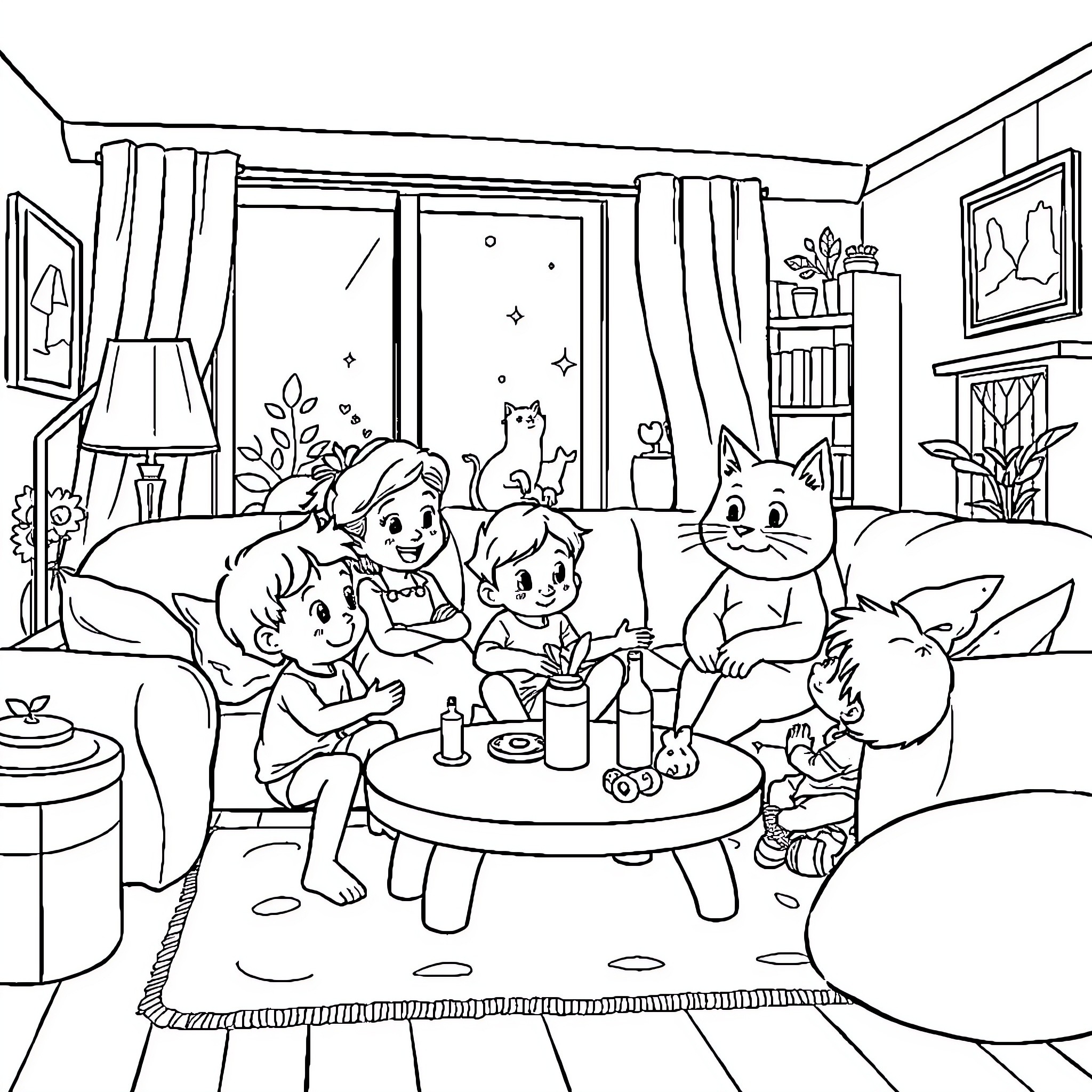 Sam & Cat Enjoying a Cozy Afternoon Indoors Coloring Page (free black-and-white line drawing printable PDF for all, from beginners to advanced learners, including children, teens, adults, and seniors)