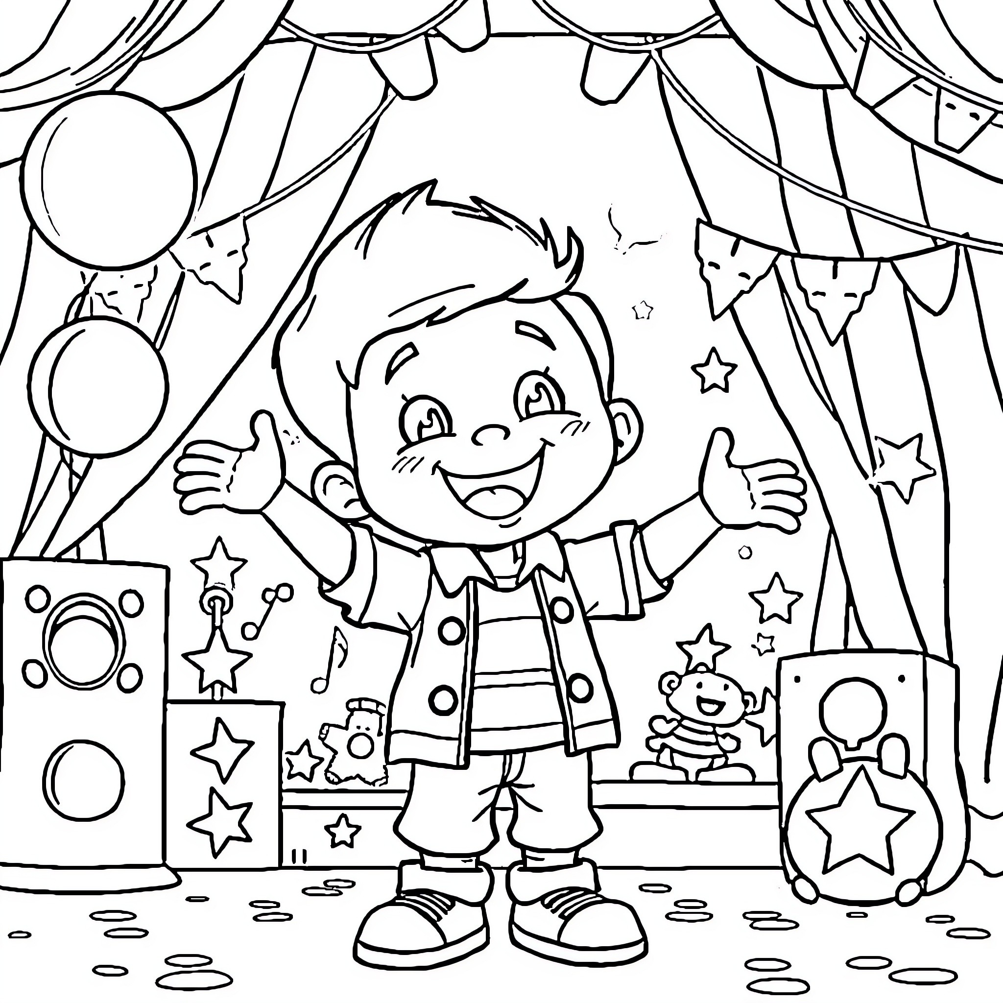 Henry's Joyful Playtime at the Carnival Coloring Page (free black-and-white line drawing printable PDF for all, from beginners to advanced learners, including children, teens, adults, and seniors)