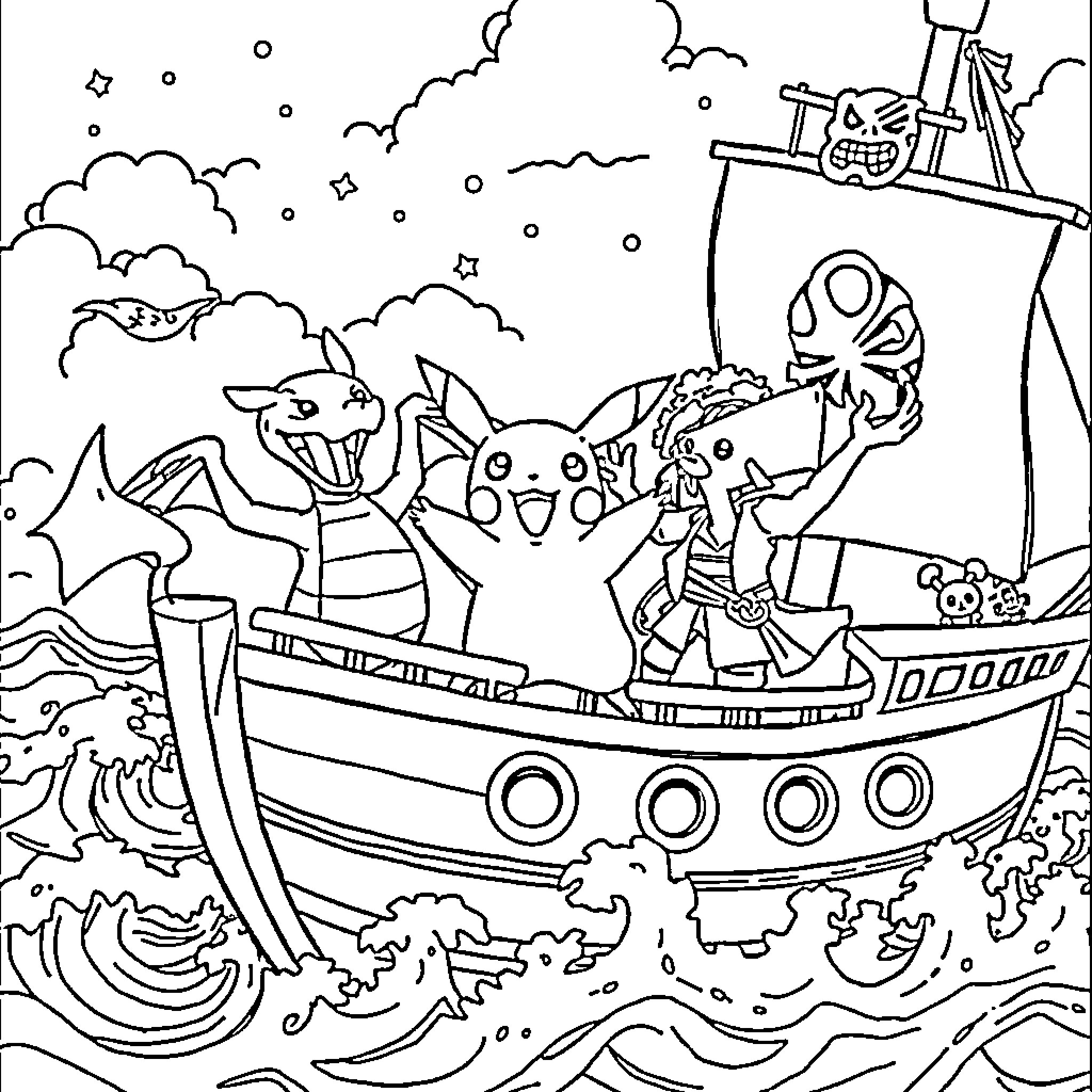 Pikachu and friends on a pirate ship adventure Coloring Page (free black-and-white line drawing printable PDF for all, from beginners to advanced learners, including children, teens, adults, and seniors)