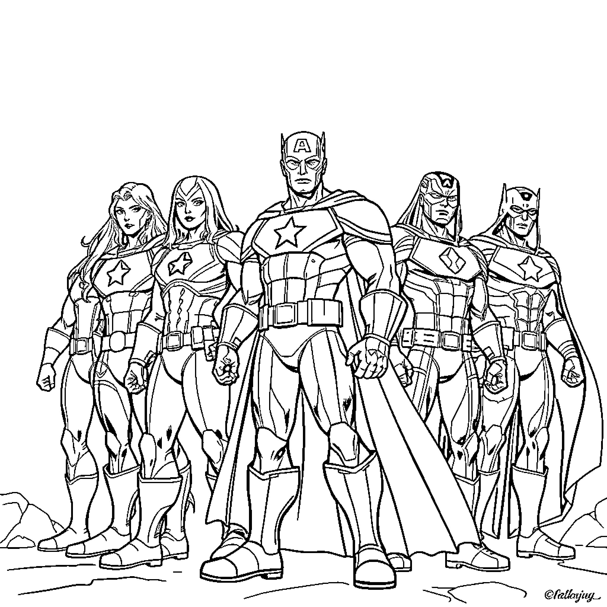 Avenger Heroes in Action-Packed Poses Coloring Page (free black-and-white line drawing printable PDF for all, from beginners to advanced learners, including children, teens, adults, and seniors)
