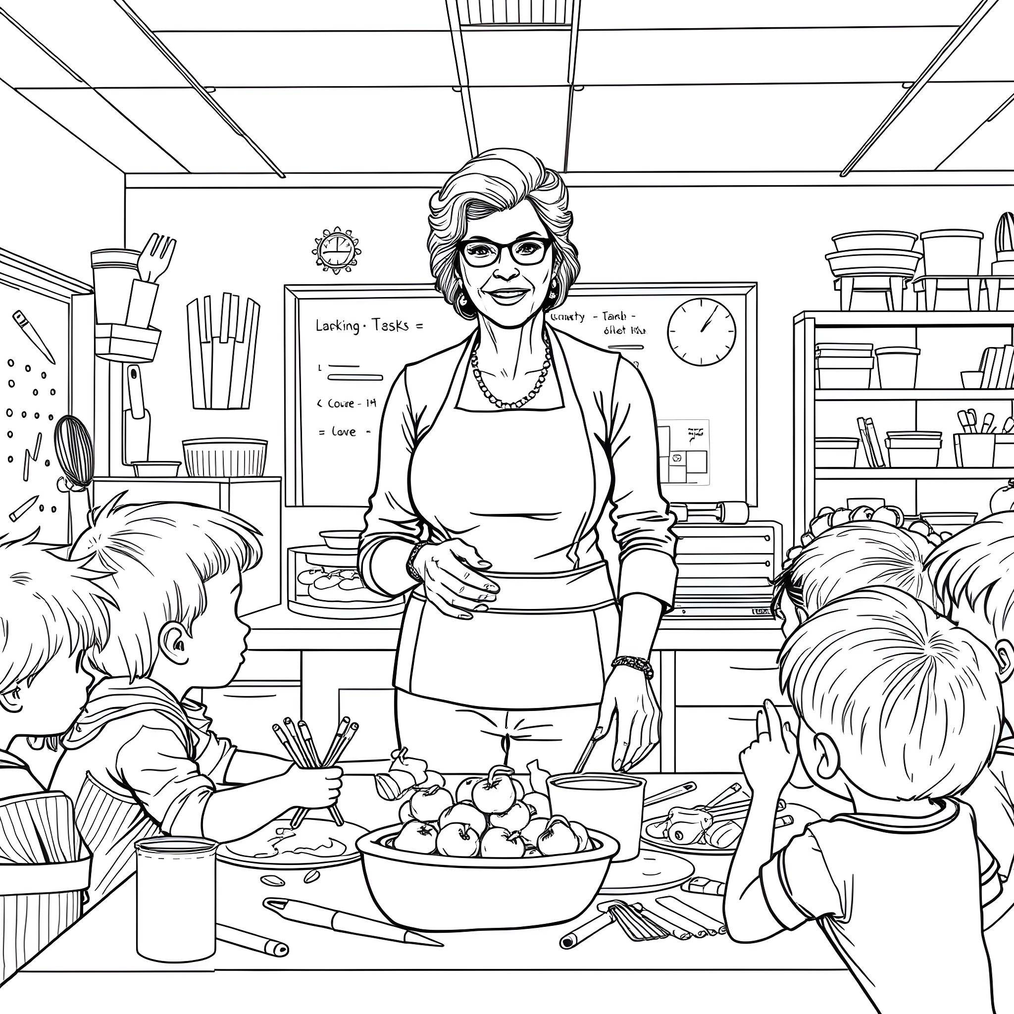 Teacher leading a hands-on culinary lesson in the classroom Coloring Page (free black-and-white line drawing printable PDF for all, from beginners to advanced learners, including children, teens, adults, and seniors)
