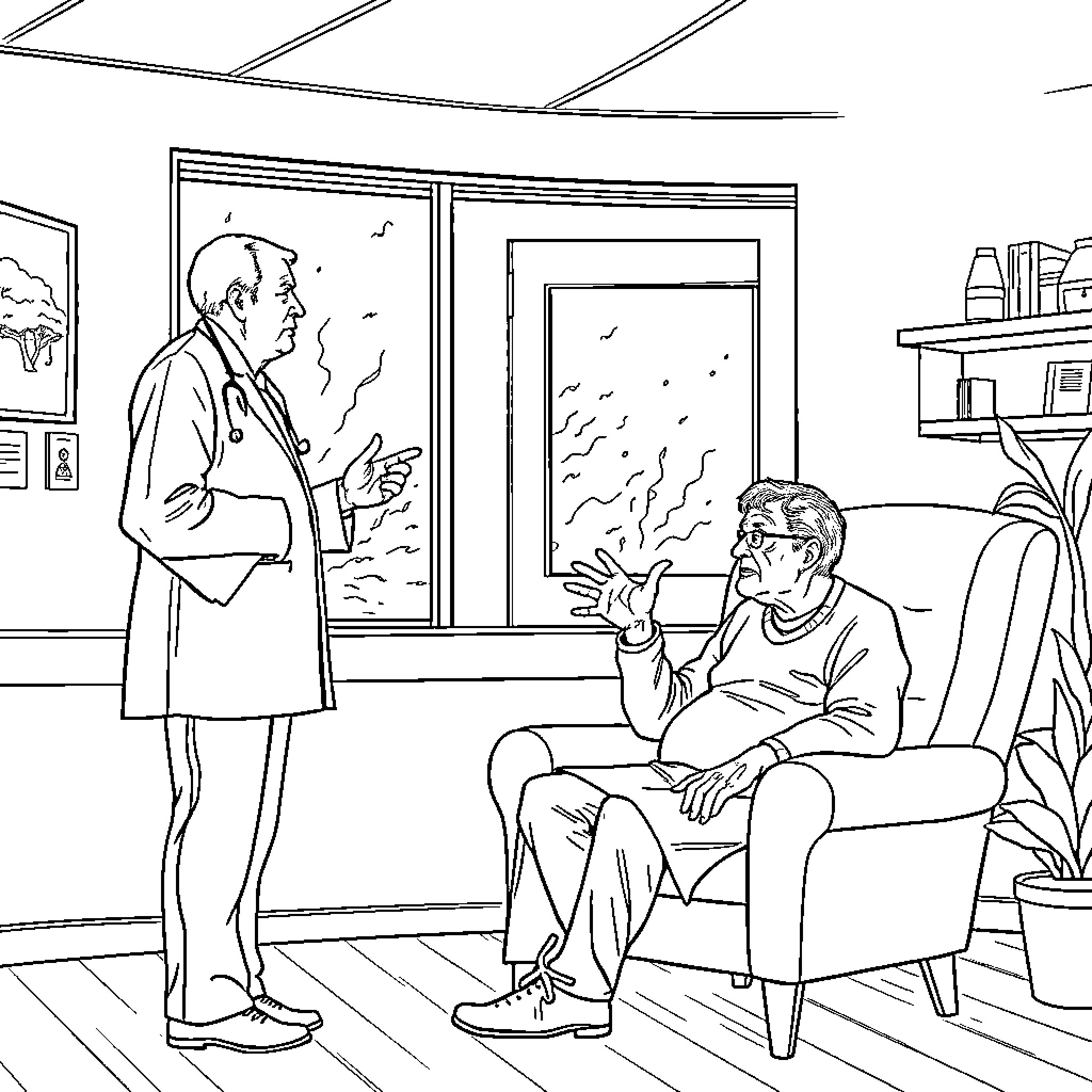 Physician examining patient in medical office Coloring Page (free black-and-white line drawing printable PDF for all, from beginners to advanced learners, including children, teens, adults, and seniors)