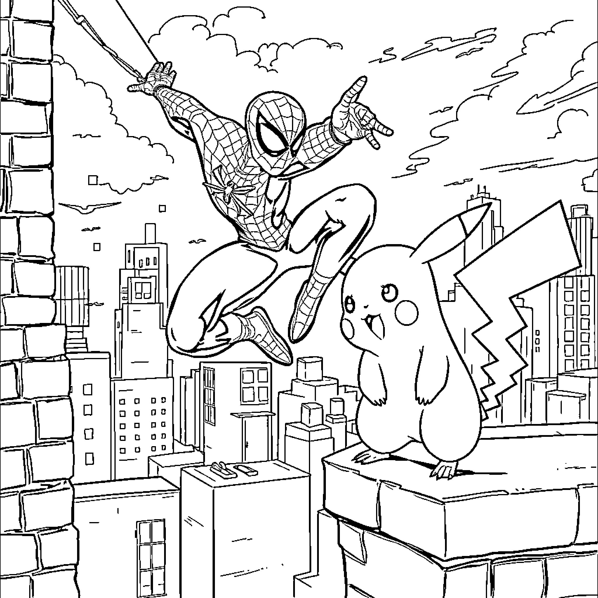 Spiderman swinging over the city with Pikachu Coloring Page (free black-and-white line drawing printable PDF for all, from beginners to advanced learners, including children, teens, adults, and seniors)