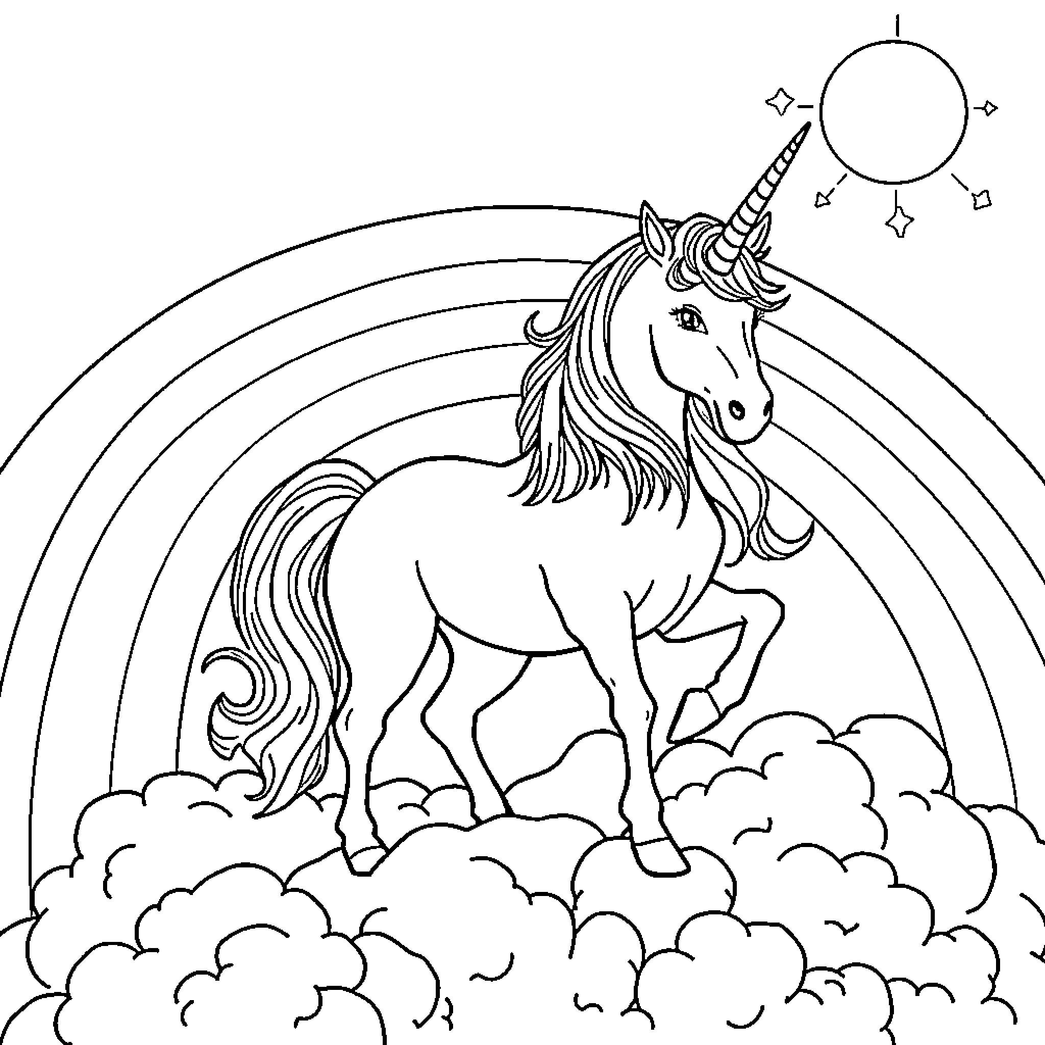 Unicorn standing among clouds under rainbow Coloring Page (free black-and-white line drawing printable PDF for all, from beginners to advanced learners, including children, teens, adults, and seniors)