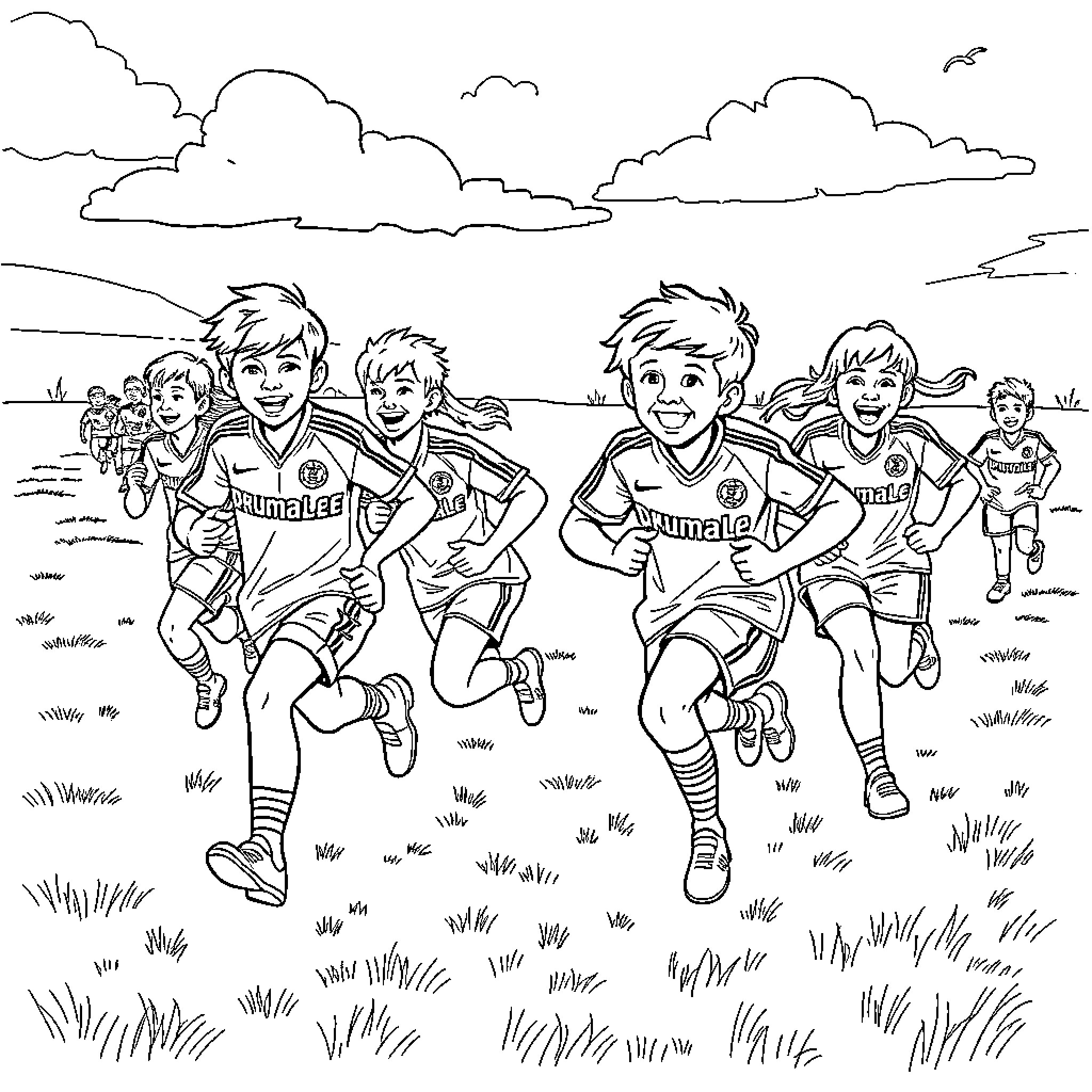 Gaelic Football Match with Lively Players Coloring Page (free black-and-white line drawing printable PDF for all, from beginners to advanced learners, including children, teens, adults, and seniors)