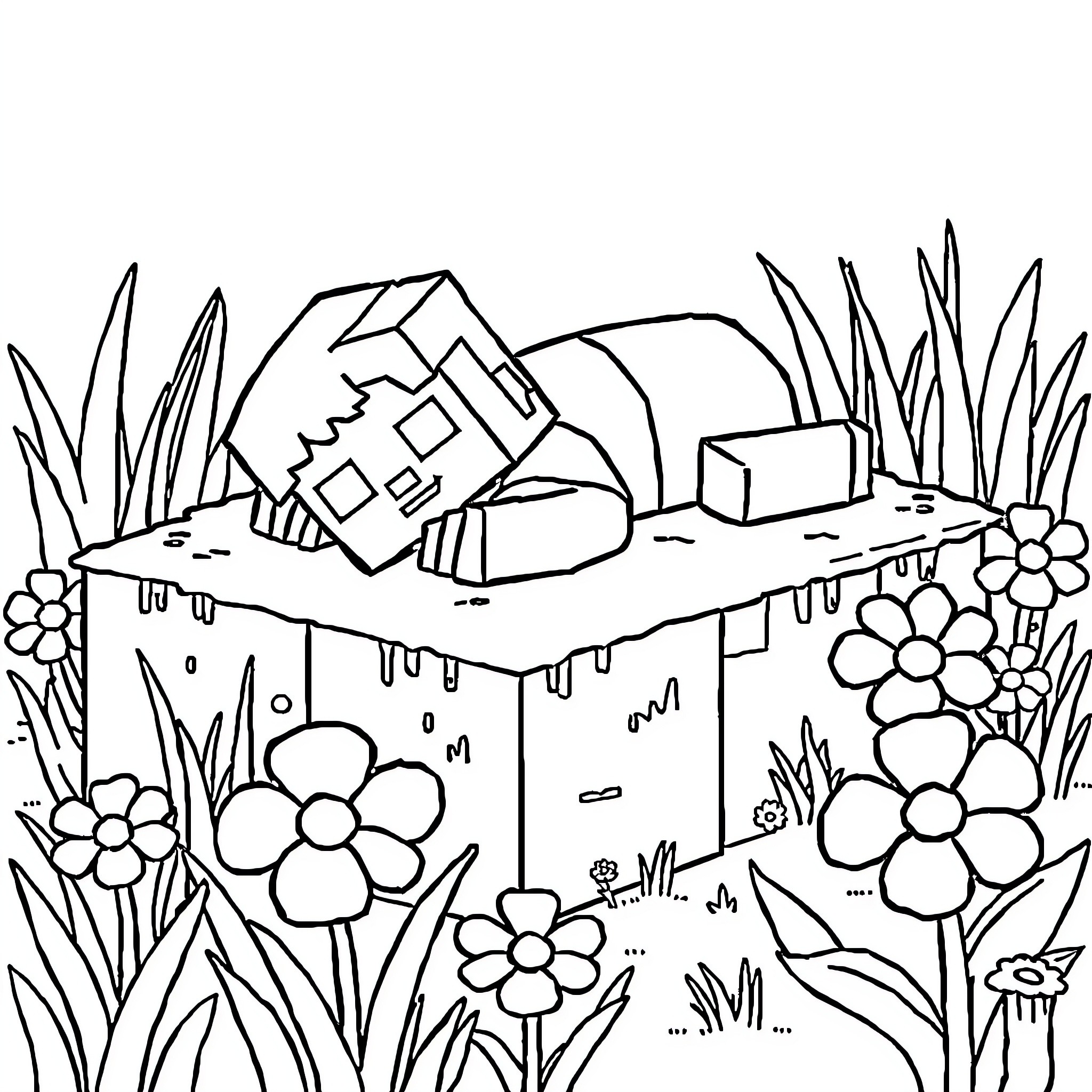 Minecraft Character Exploring a Floral Landscape Coloring Page (free black-and-white line drawing printable PDF for all, from beginners to advanced learners, including children, teens, adults, and seniors)