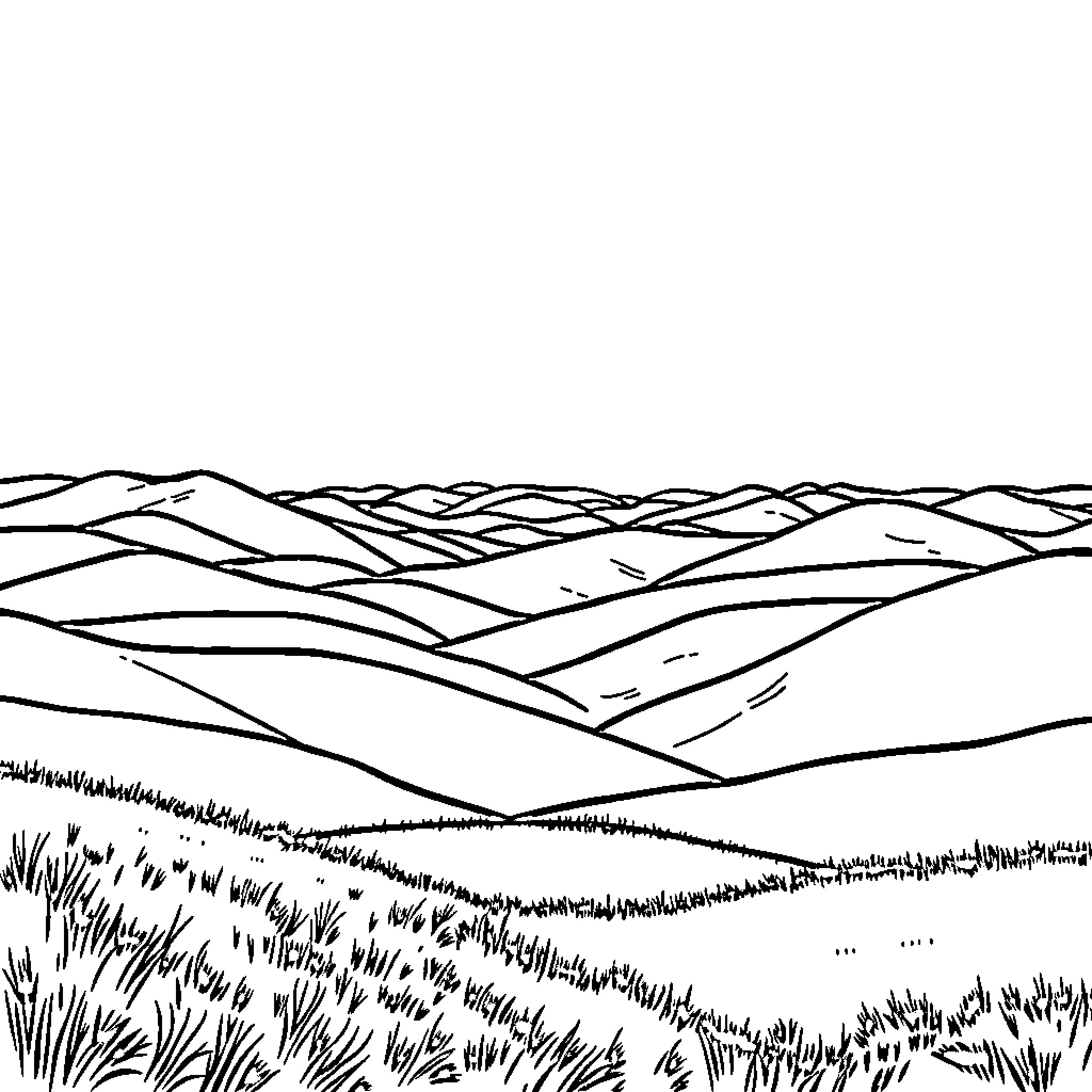 Landscape of rolling hills and grasslands Coloring Page (free black-and-white line drawing printable PDF for all, from beginners to advanced learners, including children, teens, adults, and seniors)