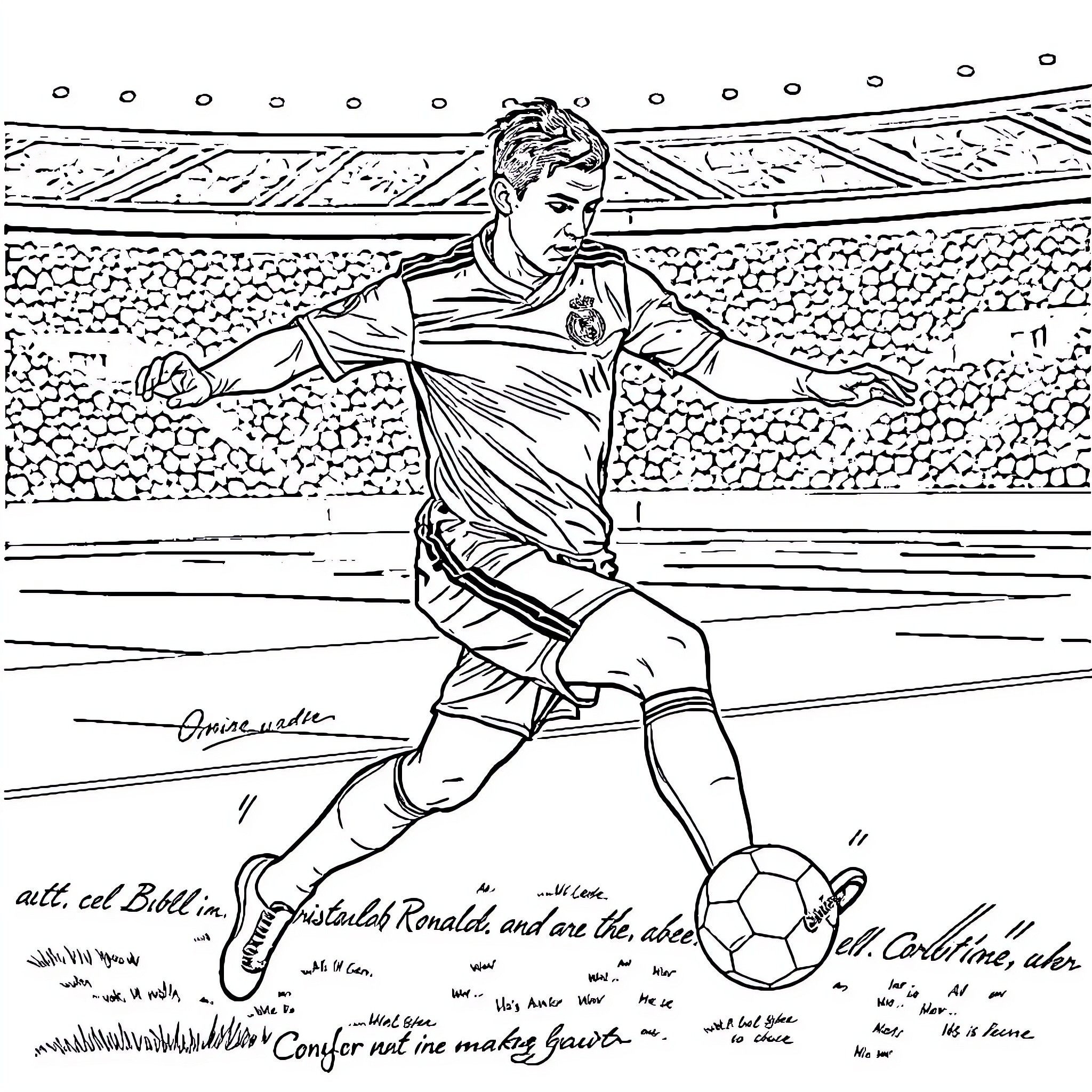 Cristiano Ronaldo playing soccer in the stadium Coloring Page (free black-and-white line drawing printable PDF for all, from beginners to advanced learners, including children, teens, adults, and seniors)