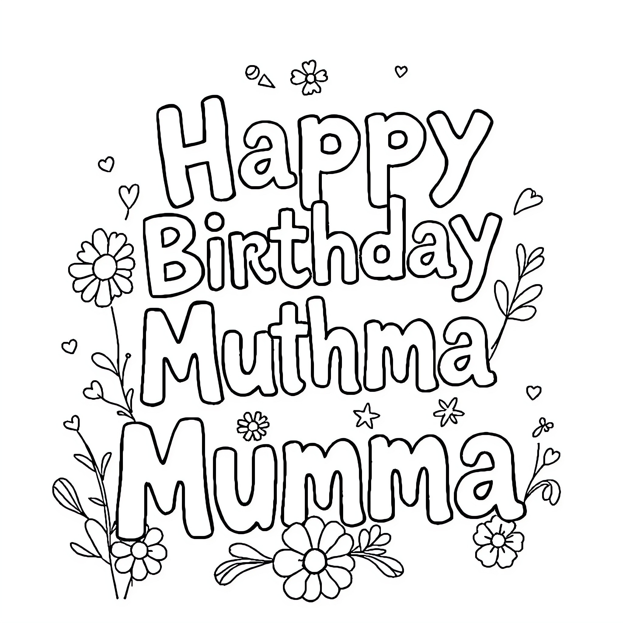Greeting Card with Birthday Wishes and Floral Decorations Coloring Page (free black-and-white line drawing printable PDF for all, from beginners to advanced learners, including children, teens, adults, and seniors)