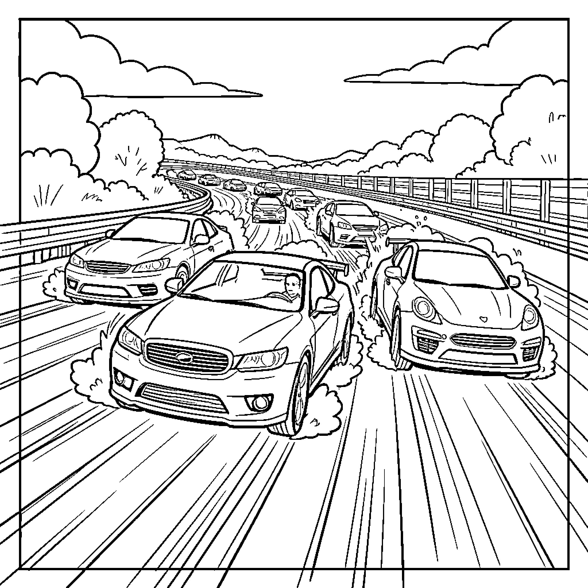Car racing fast through a highway curve Coloring Page (free black-and-white line drawing printable PDF for all, from beginners to advanced learners, including children, teens, adults, and seniors)
