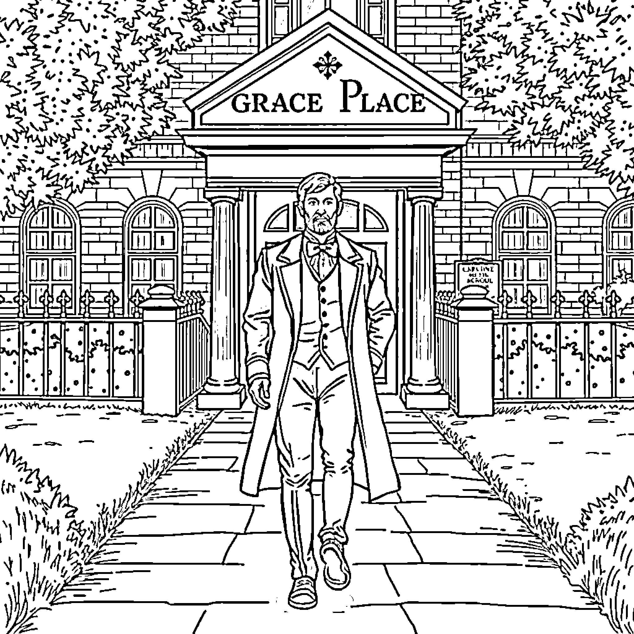 Lord Walking Graciously at Grace Place Coloring Page (free black-and-white line drawing printable PDF for all, from beginners to advanced learners, including children, teens, adults, and seniors)